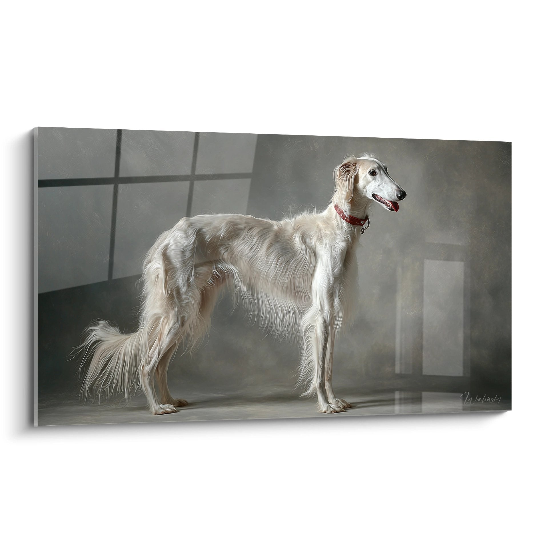 tableau barzoi levrier blanc au collier rouge pose elegante fond gris portrait canin artistique