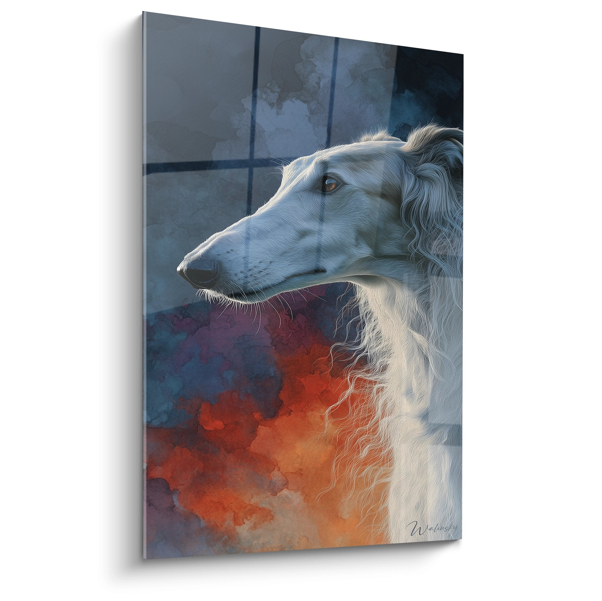 Portrait artistique de Barzoi au profil noble, palette bleu-orange, regard contemplatif vers horizon