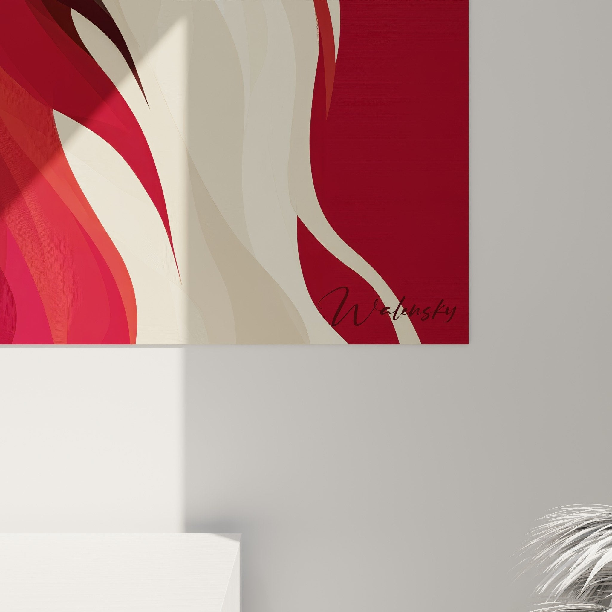 Vue d'ensemble du tableau Barzoi dans un salon moderne avec décoration aux tons terre et cuivre