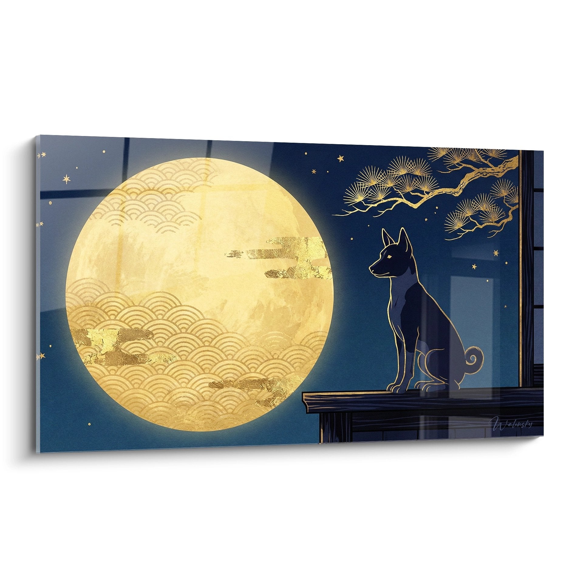 black basenji dog painting golden moon japanese patterns starry night decorative art