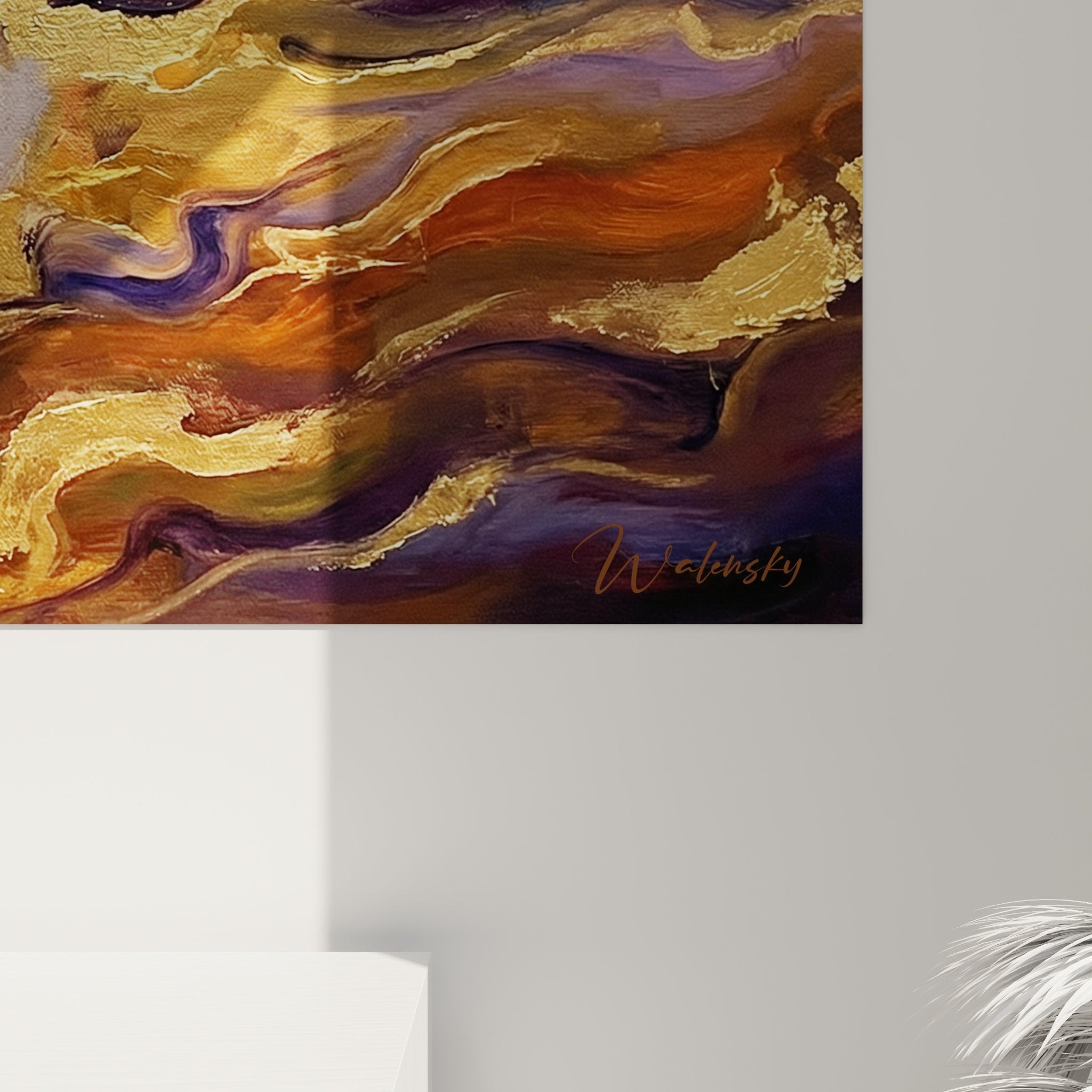 Overview of Basenji artwork in contemporary living room, harmony of warm tones with natural wood furniture
