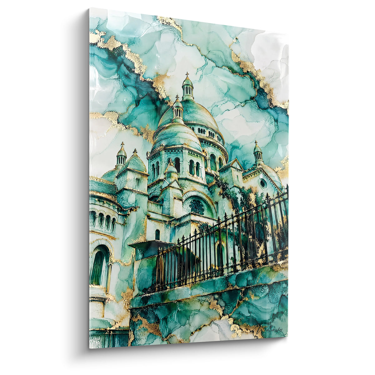 Basilique du Sacré-Cœur de Montmartre peinte en turquoise et or, dômes marbrés et grille anthracite