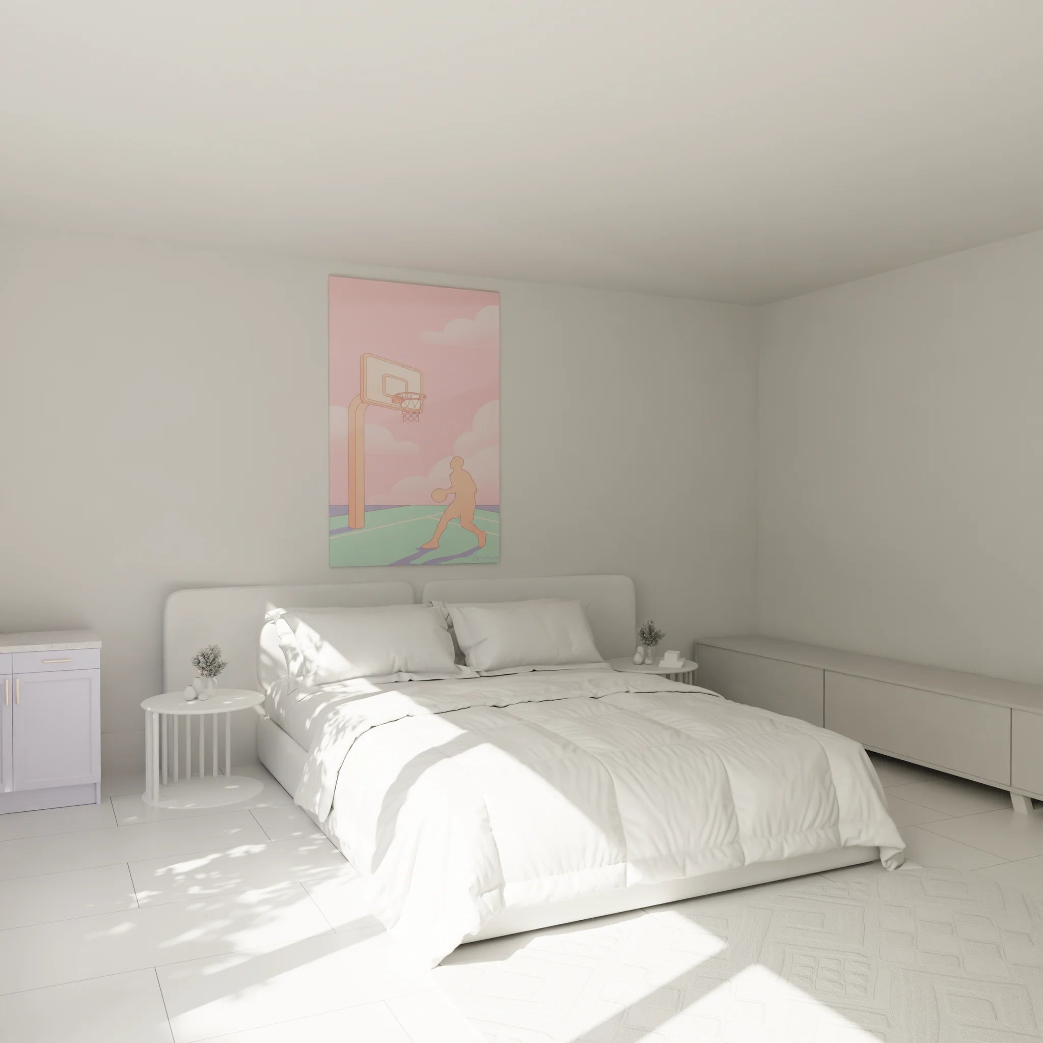 Tableau basketball rose installé dans chambre d'enfant, ambiance déco sport pastel