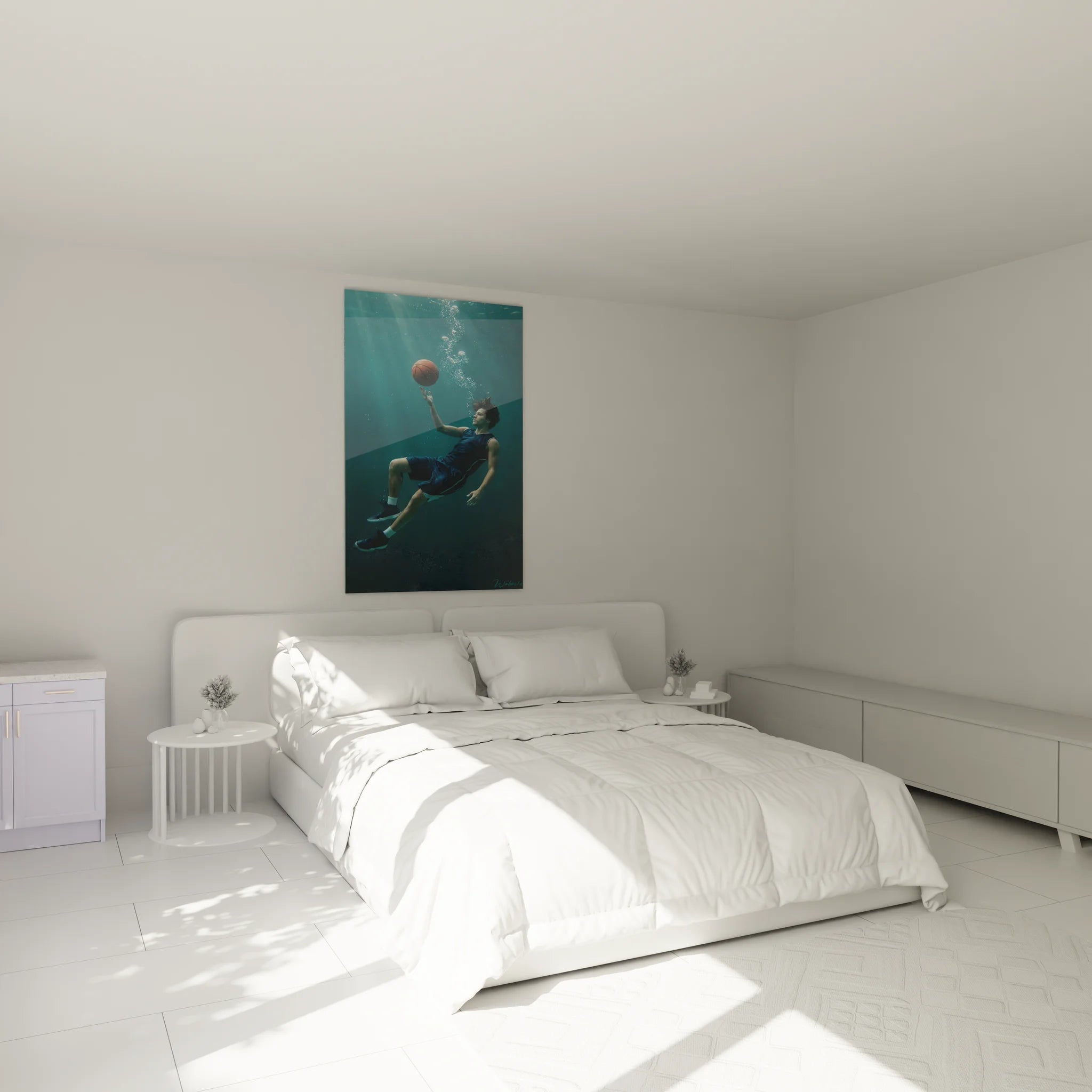 Tableau basket aquatique décorant une chambre moderne avec joueur sous-marin et ballon orange