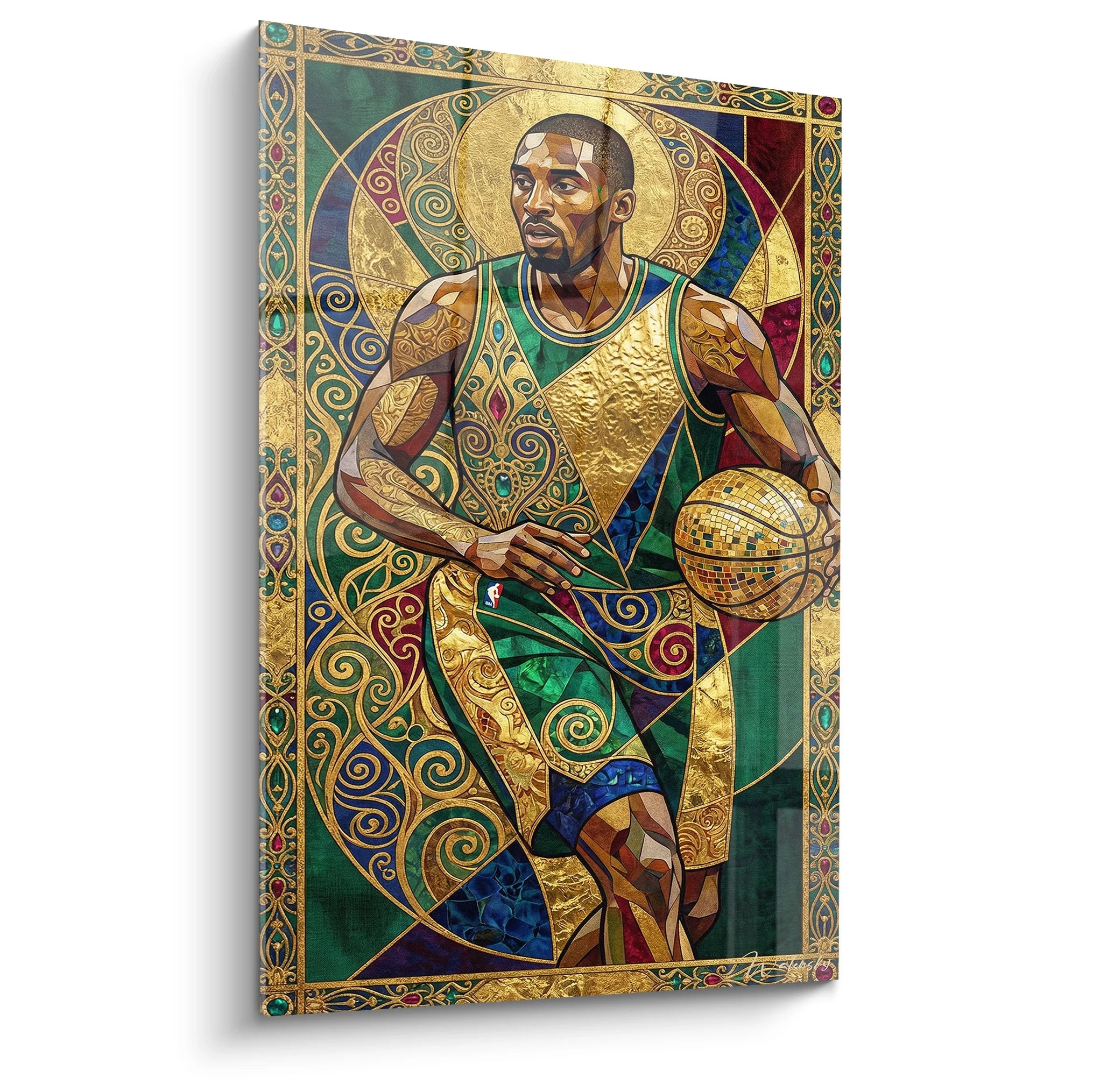 Tableau basketball style byzantin avec joueur et motifs dorés ornementaux