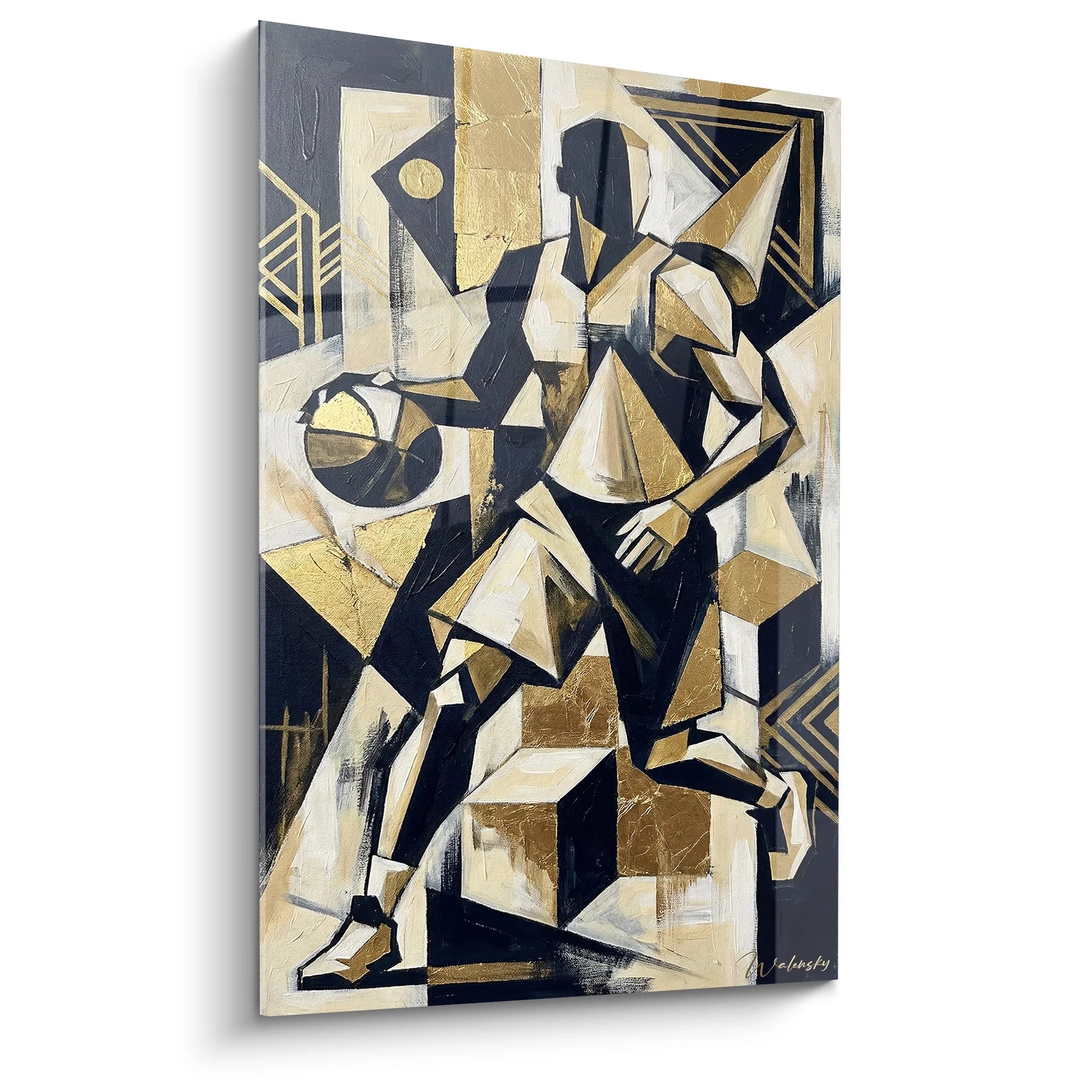 Tableau basketball cubiste moderne aux tons dorés et noirs représentant un joueur fragmenté géométriquement