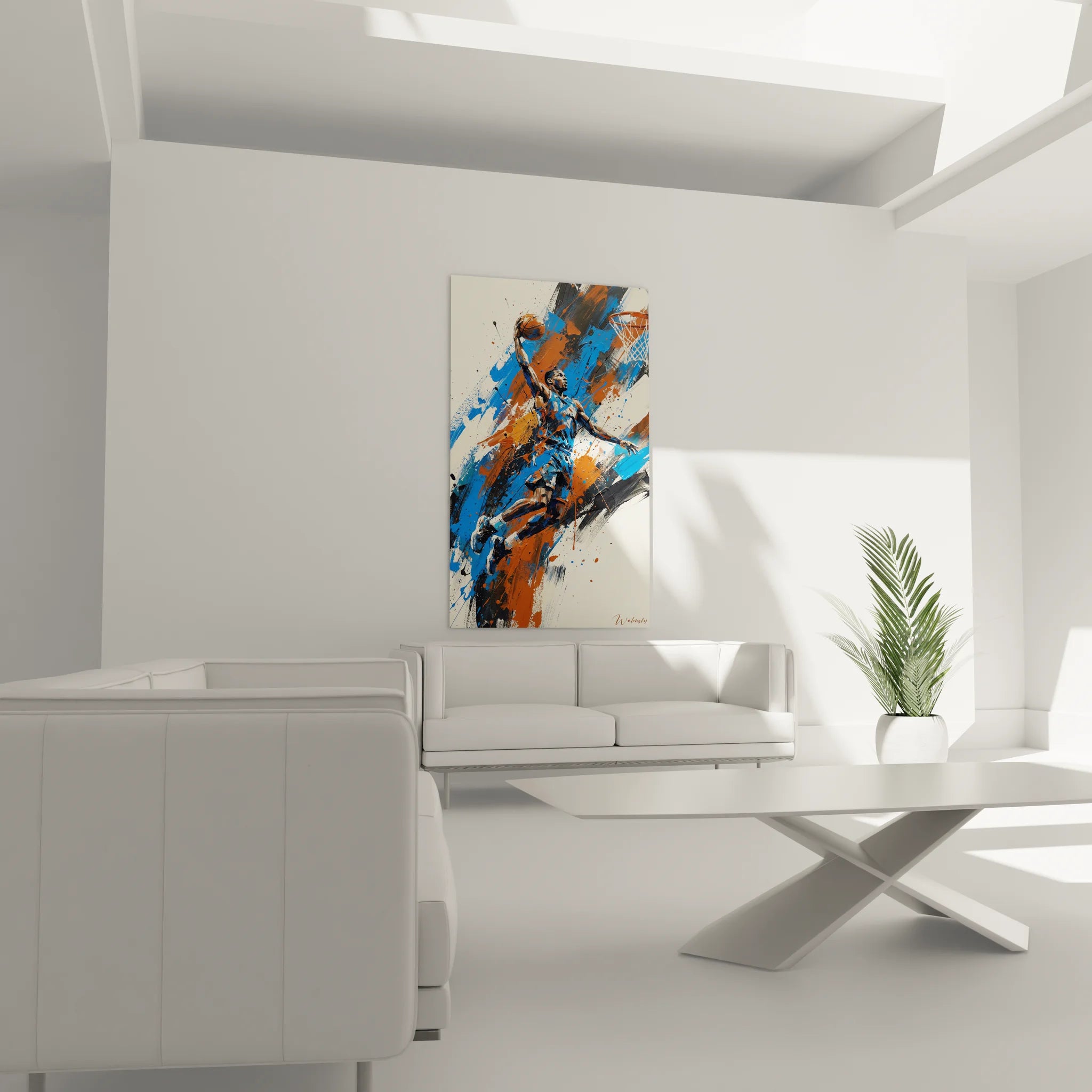 Gros plan détaillé tableau basketball montrant technique picturale et couleurs vives