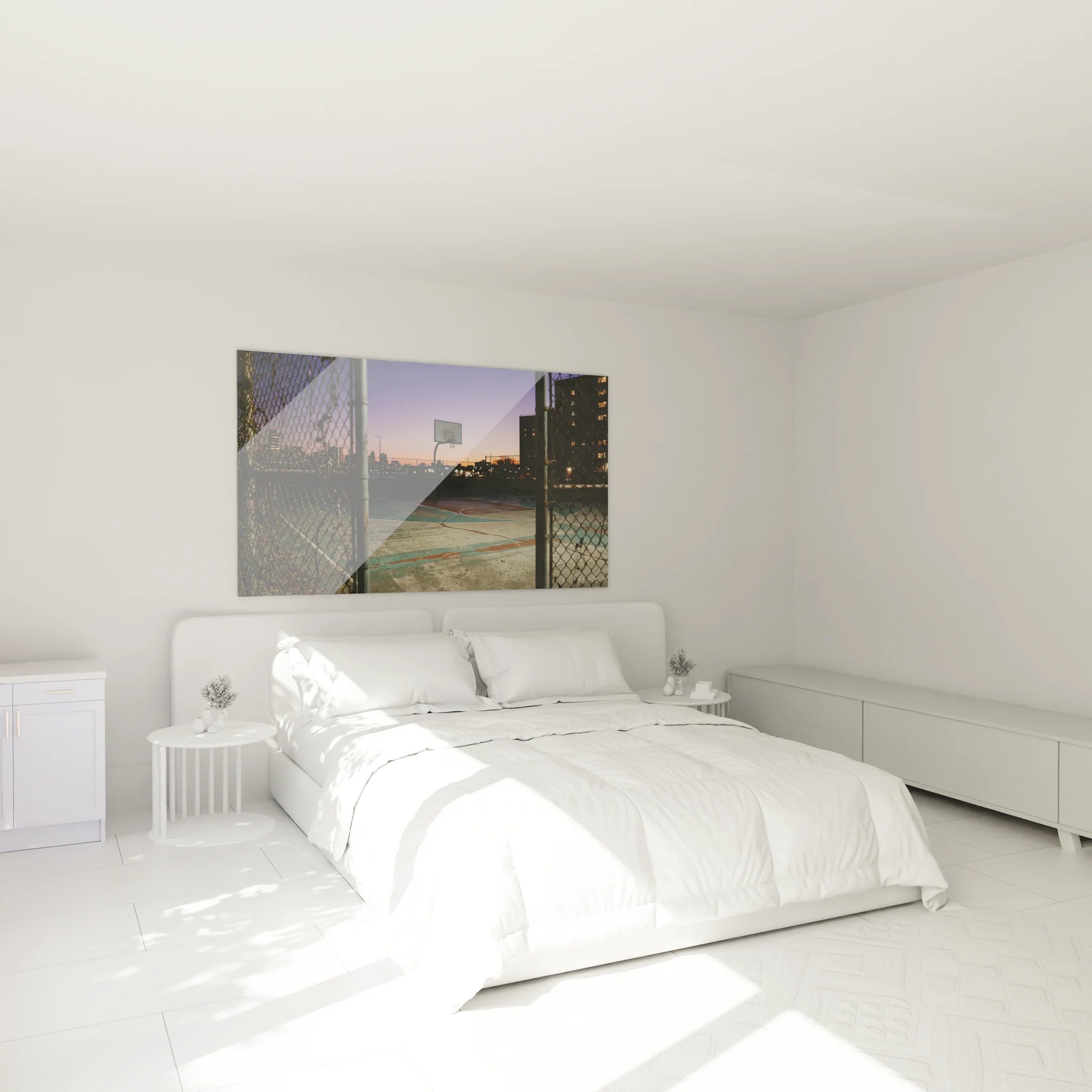 Décoration chambre avec tableau basketball urbain moderne sur mur blanc ambiance cosy