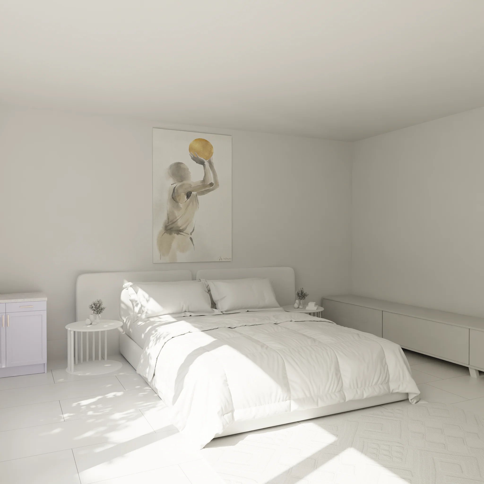 Tableau basketteur ballon doré dans chambre moderne - Décoration murale sport basket ball aquarelle