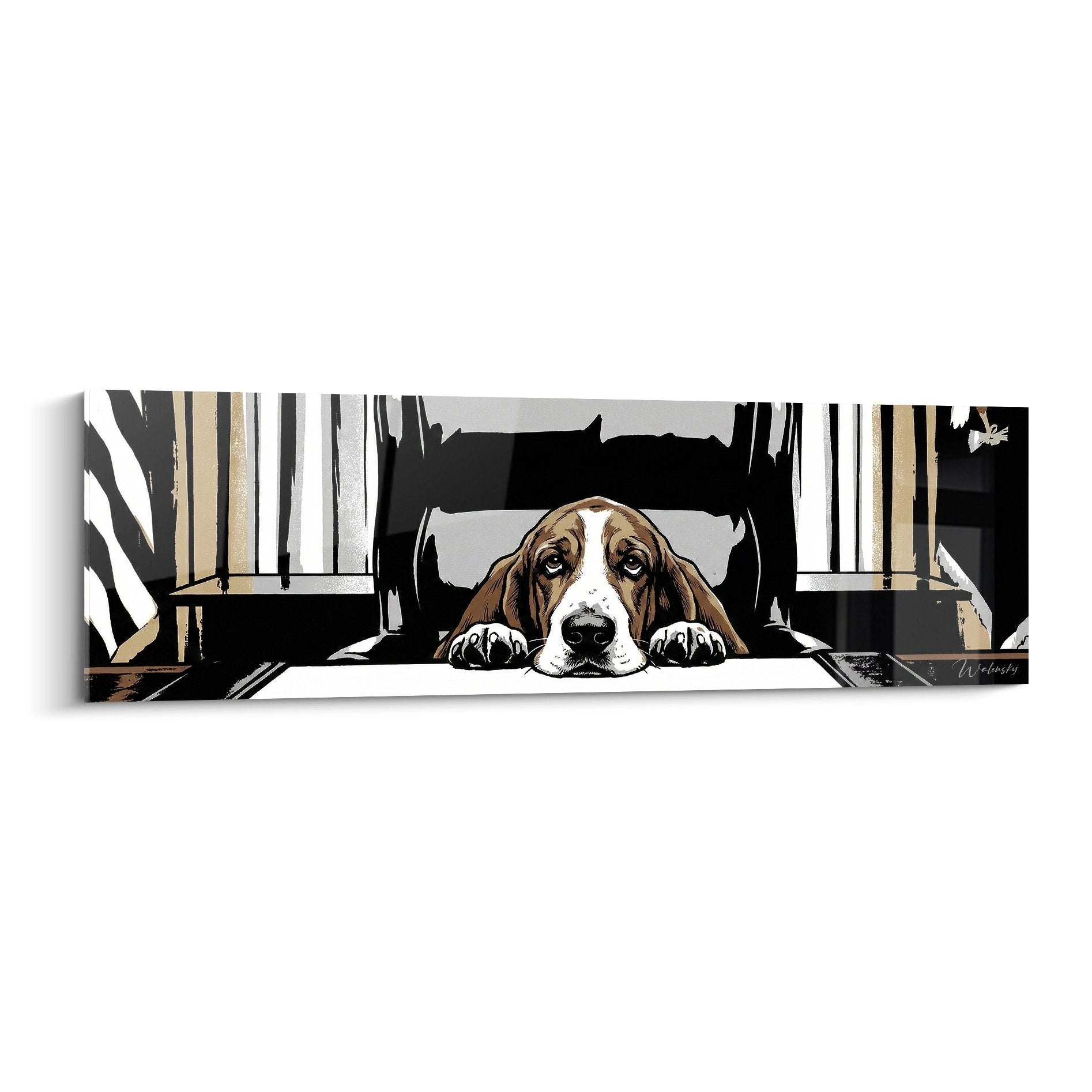 Tableau moderne Basset Hound allongé sous meubles, palette noir blanc brun, style graphique contemporain