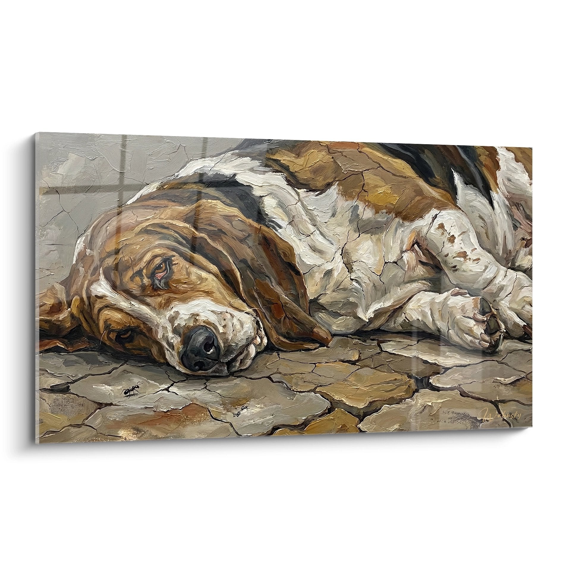 basset-hound-gemälde-schlafend-steinboden-ockerbraun-weiß-realistische-malerei-hund-ruhe-friedlich