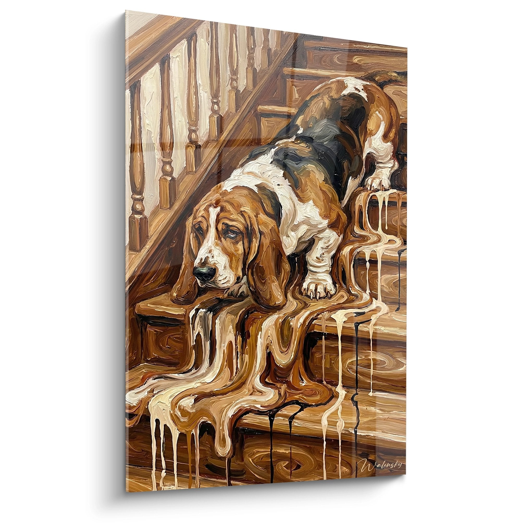 Tableau basset hound sur escalier bois avec effet coulures dorees peinture liquide art canin original