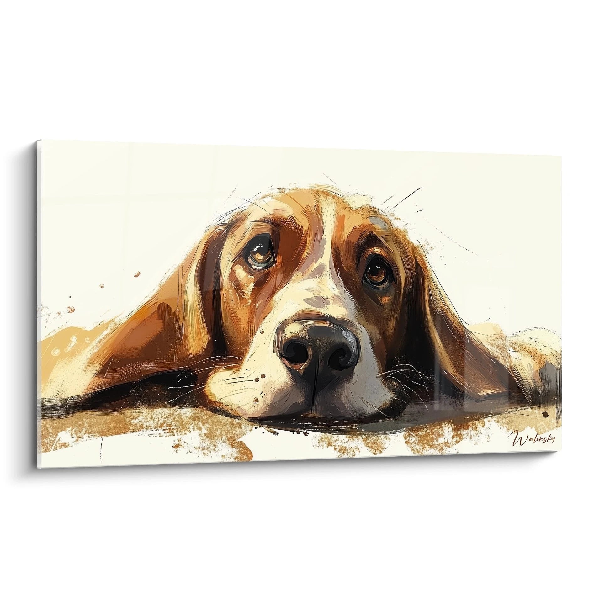 Un tableau basset hound au premier plan représentant le visage expressif d'un chien aux yeux marron profond et au museau noir. Dominance de tons bruns, beiges et blancs avec une texture de coups de pinceau visibles et dynamiques.