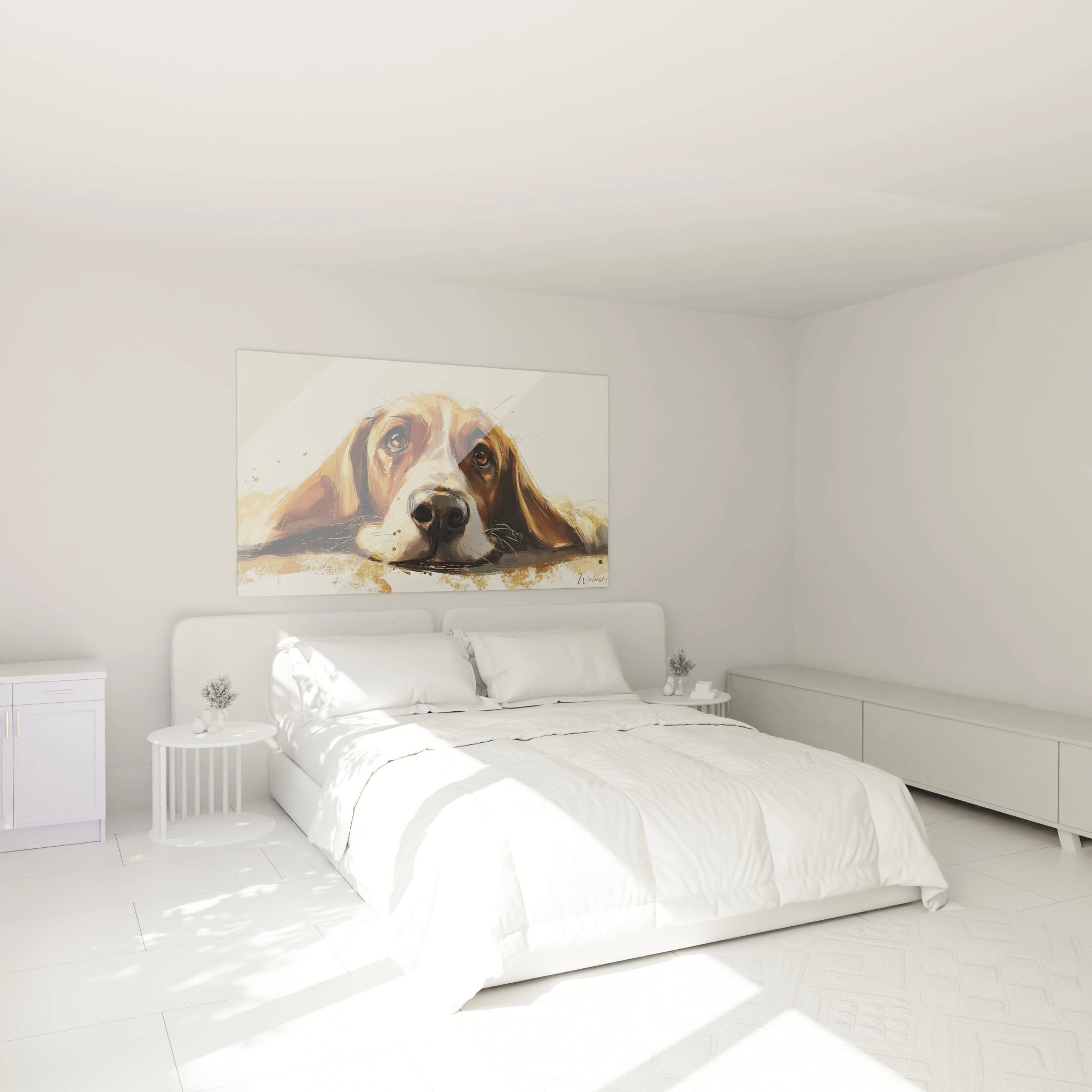 Tableau basset hound en gros plan capturant le regard mélancolique caractéristique de cette race. Palette de marrons chauds et de beiges clairs, avec des traits expressifs qui créent une texture vivante du pelage tricolore.