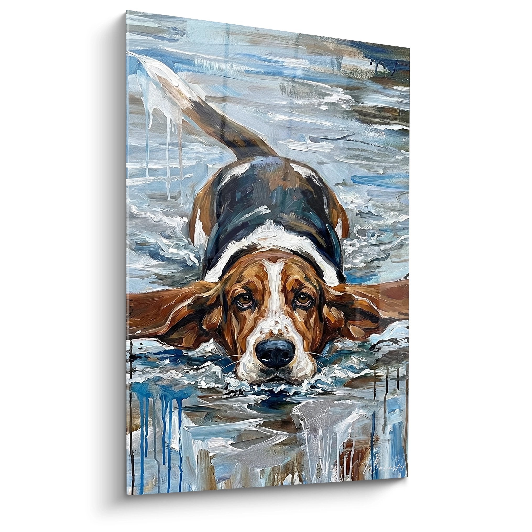 Tableau basset hound nageant dans eau bleue avec coulures peinture style contemporain