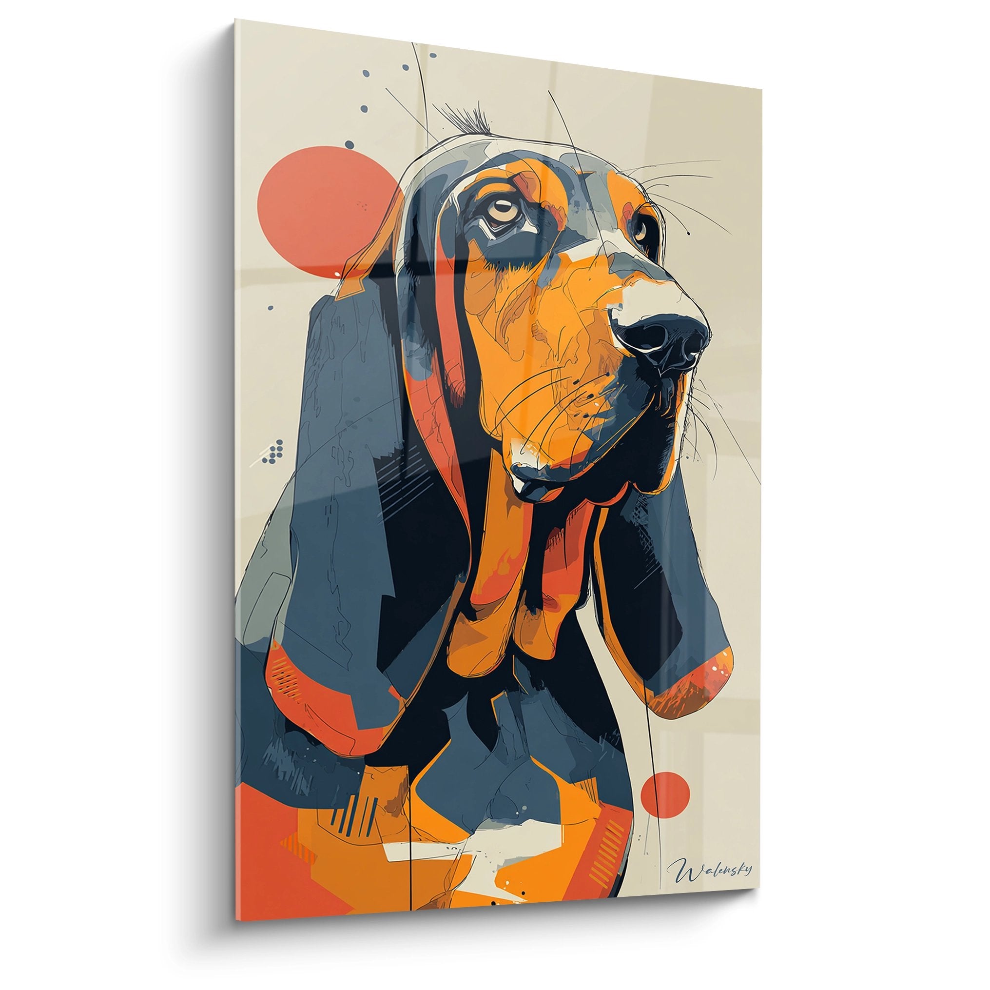 Tableau portrait artistique Basset Hound orange et bleu style contemporain edition Bloodhound