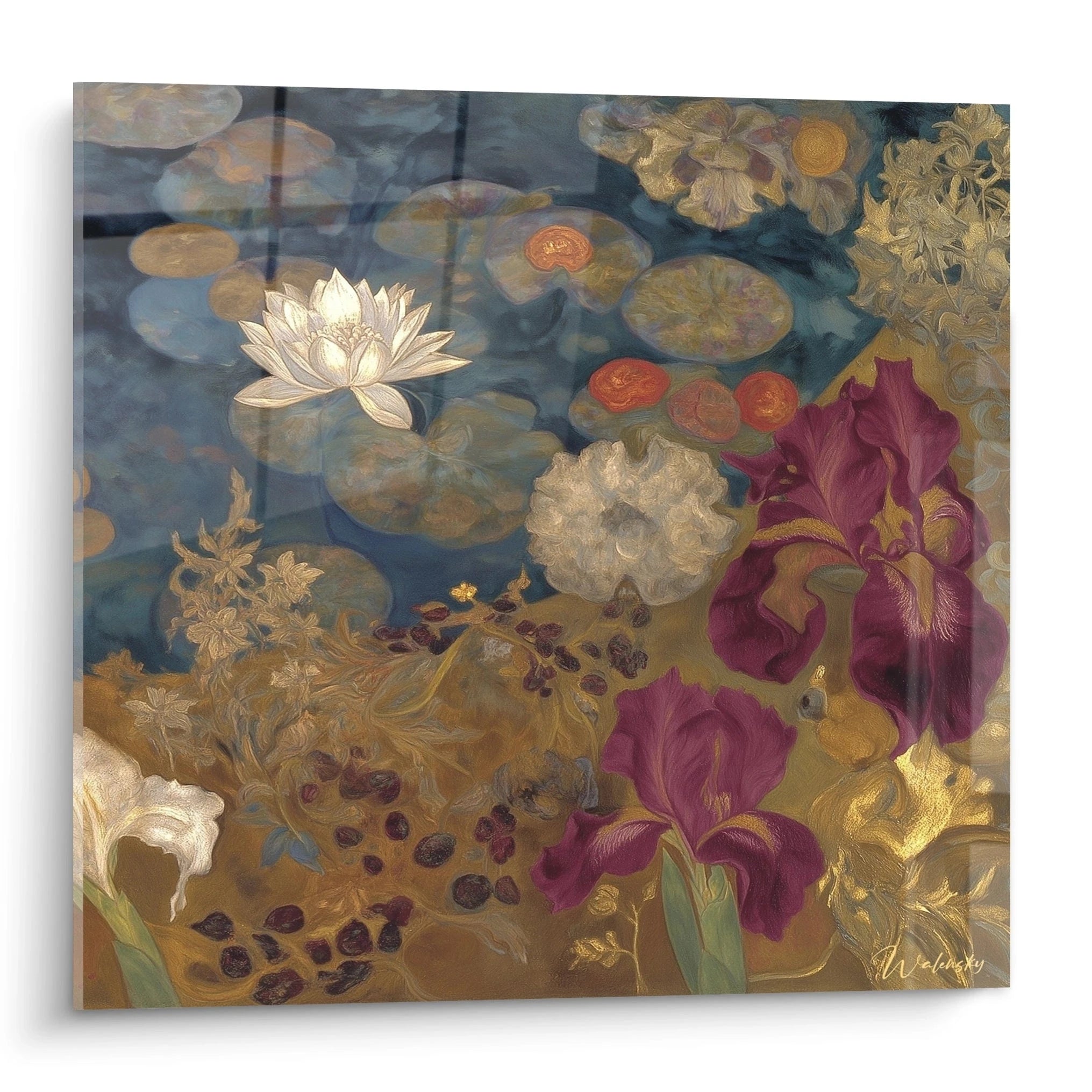 Tableau mural Walensky tableau symboliste bassin de nénuphars et iris violets aux reflets dorés