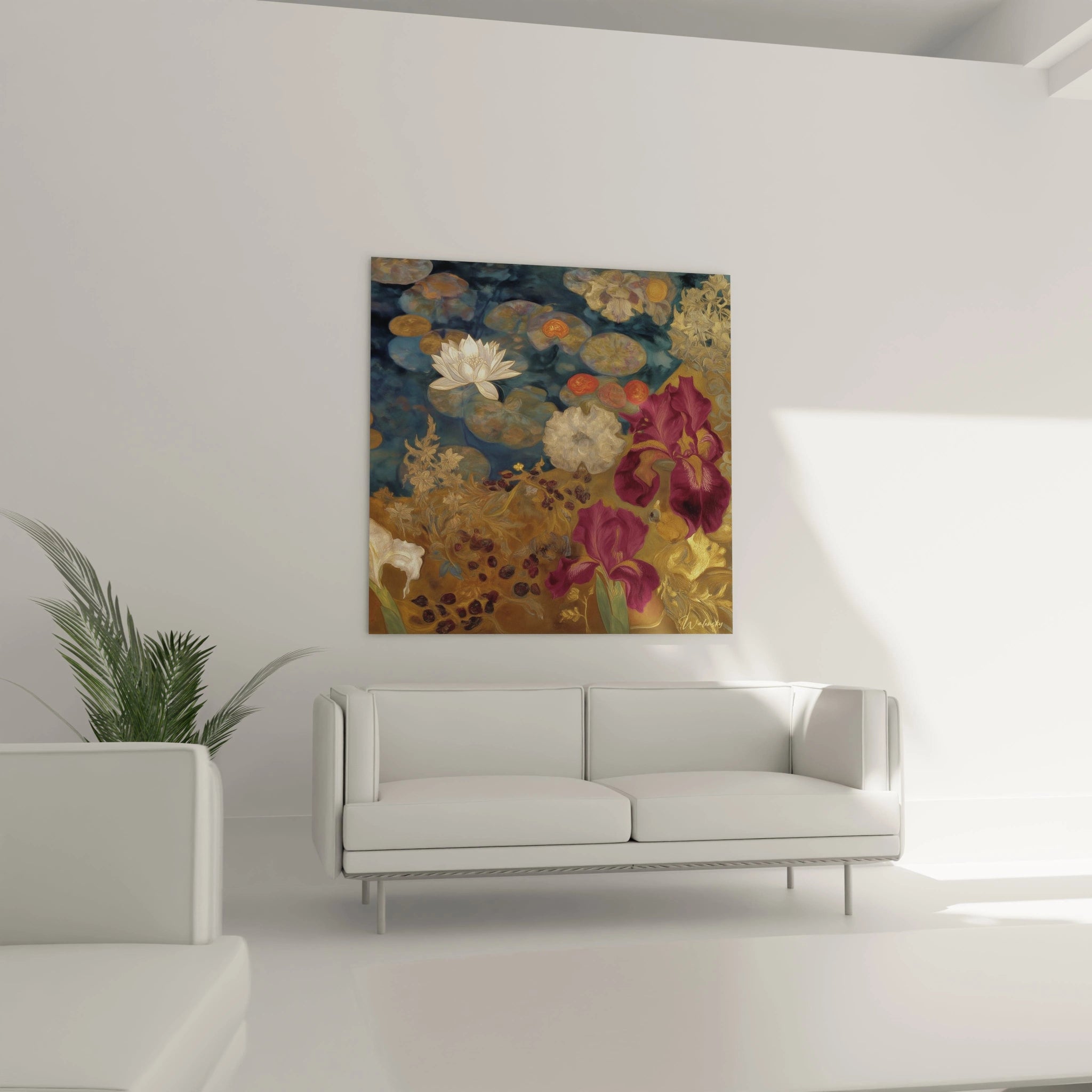 tableau symboliste bassin Walensky accroché au mur du salon avec nénuphars et fleurs dorées sur fond bleu