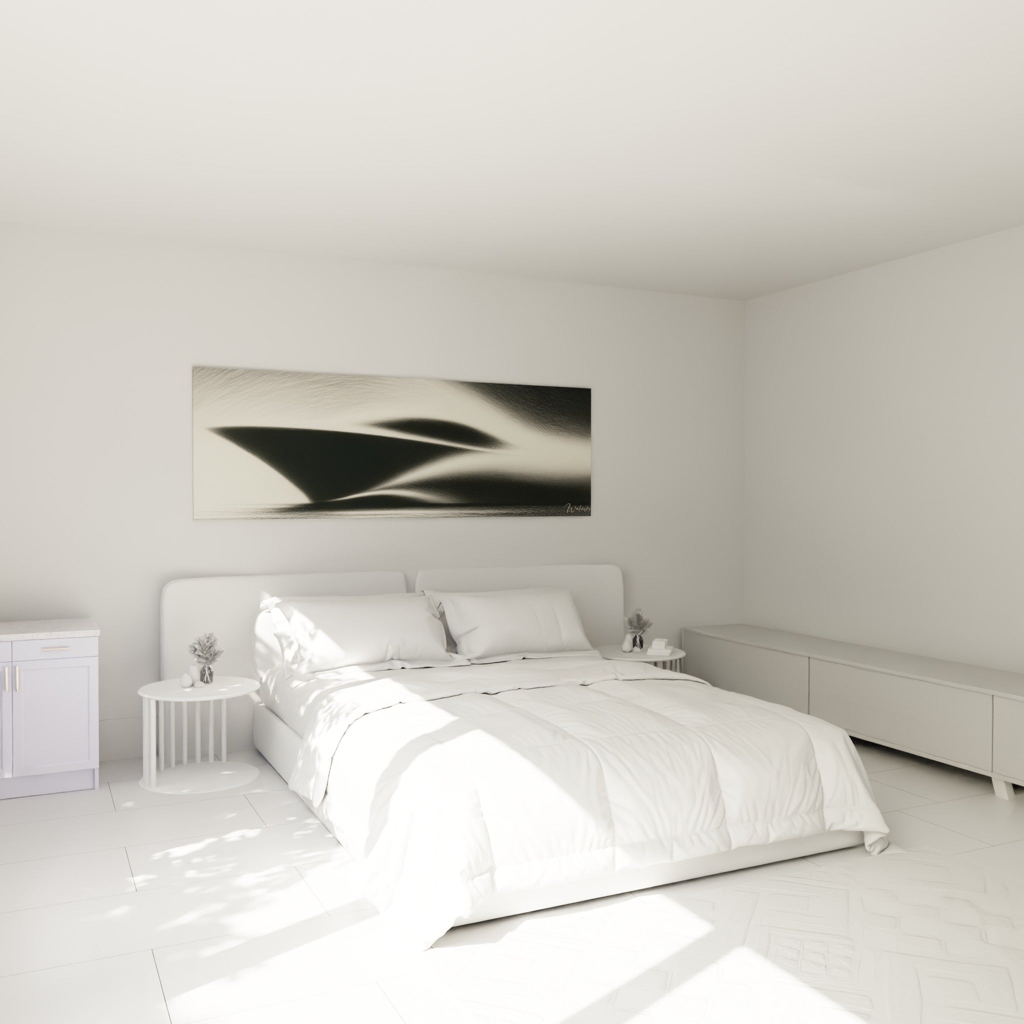 Voile sombre et brume ivoire de ce tableau bateau abstrait au-dessus d'un lit dans une chambre claire