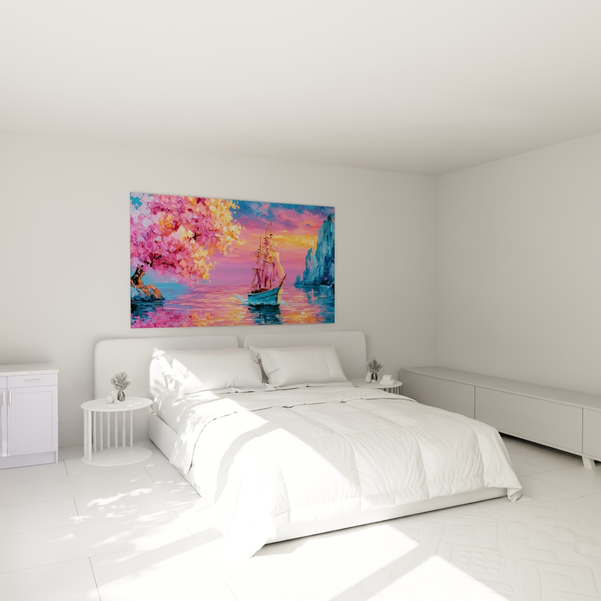 Bateau à voiles cuivrées sur eau rose vif, accroché au-dessus d'un lit dans une chambre claire