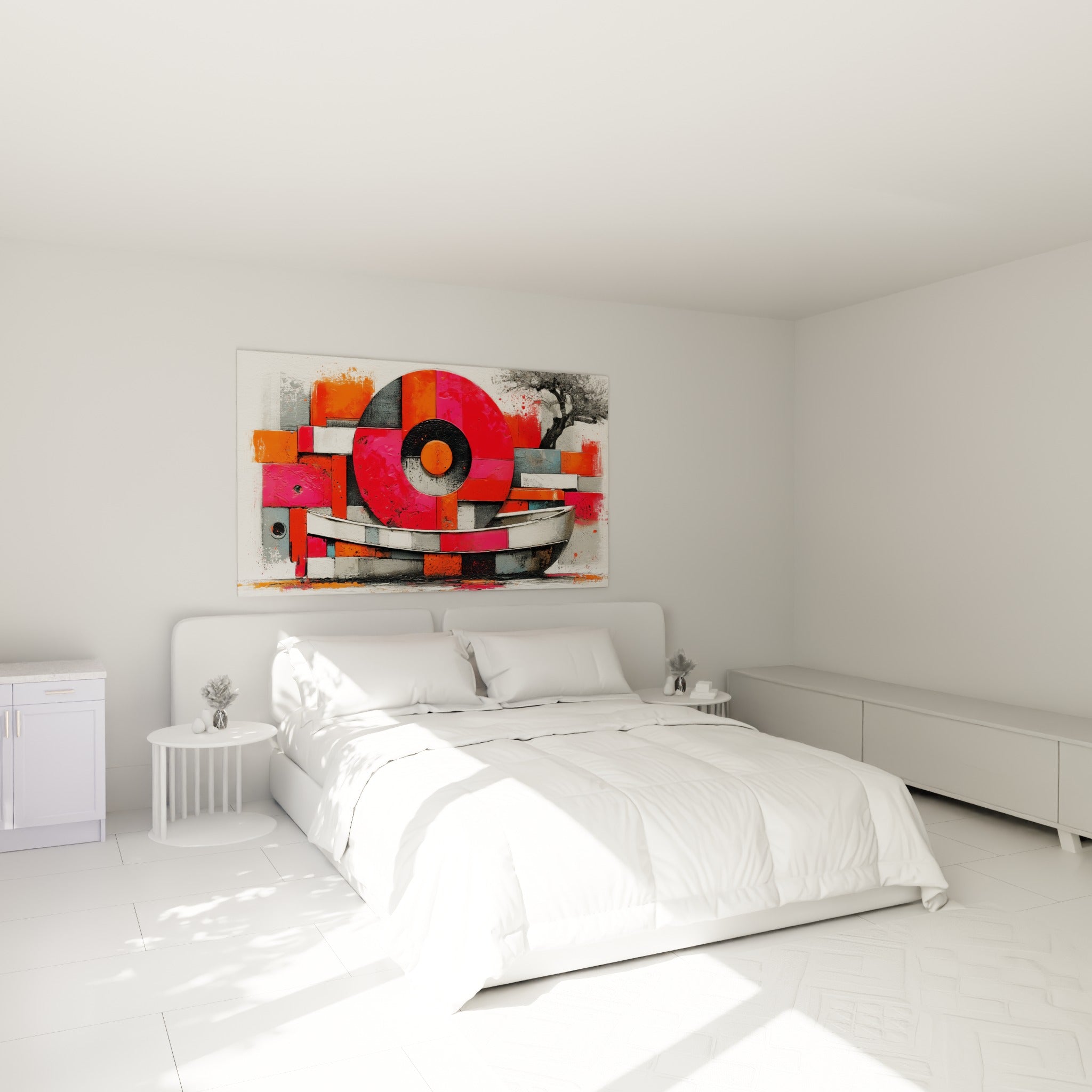 Cercles rouge et orange du tableau bateau abstrait au-dessus d'un lit dans une chambre claire