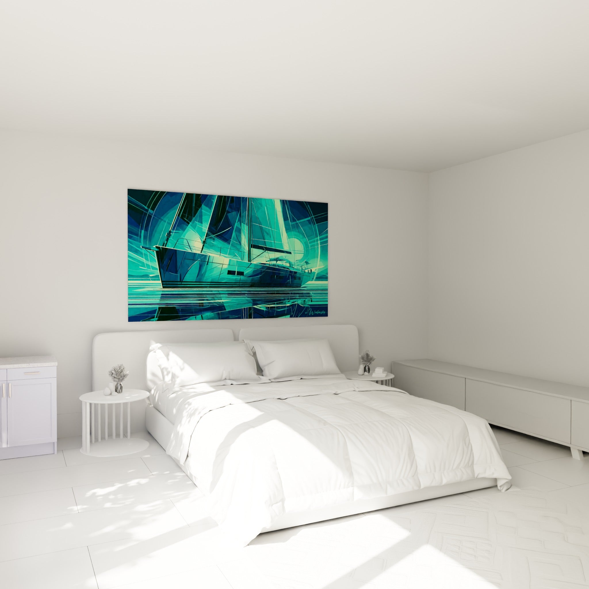Voilier stylisé turquoise et anthracite aux formes anguleuses, au-dessus d'un lit dans une chambre claire