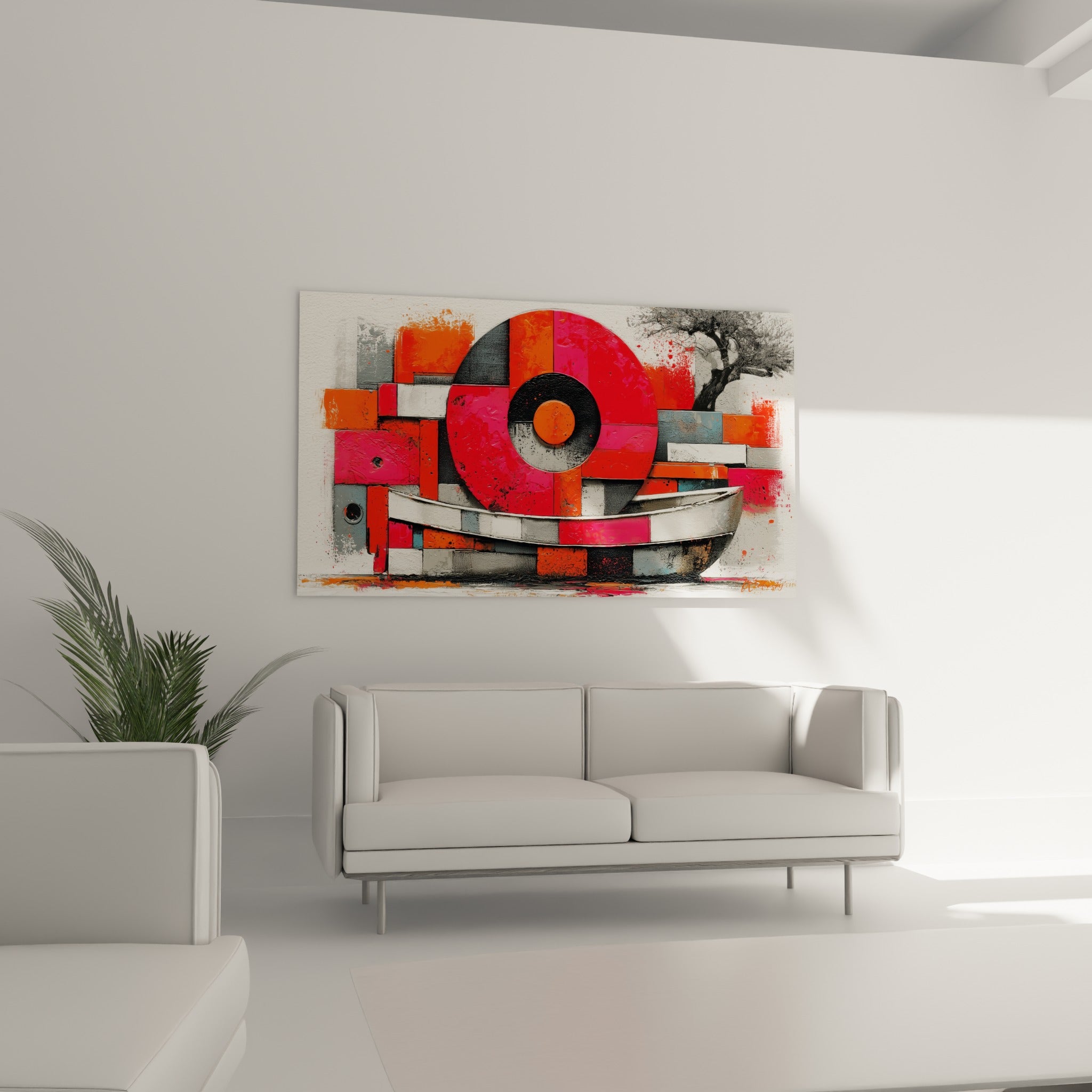 Composition géométrique rose fuchsia et terracotta du tableau bateau au-dessus d'un canapé dans un salon lumineux