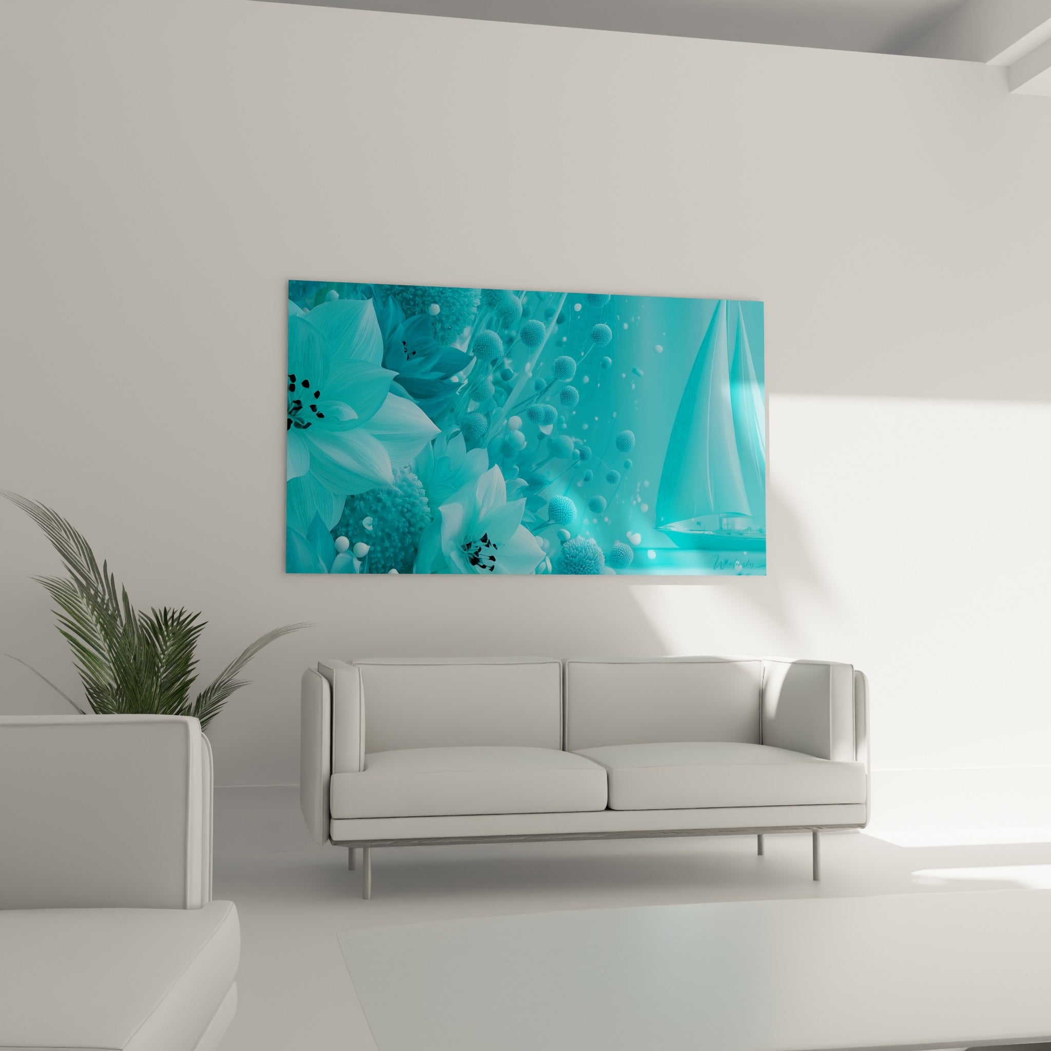 Bouquet floral turquoise et silhouette de voilier ornent ce tableau bateau abstrait, au-dessus d'un canapé dans un salon lumineux