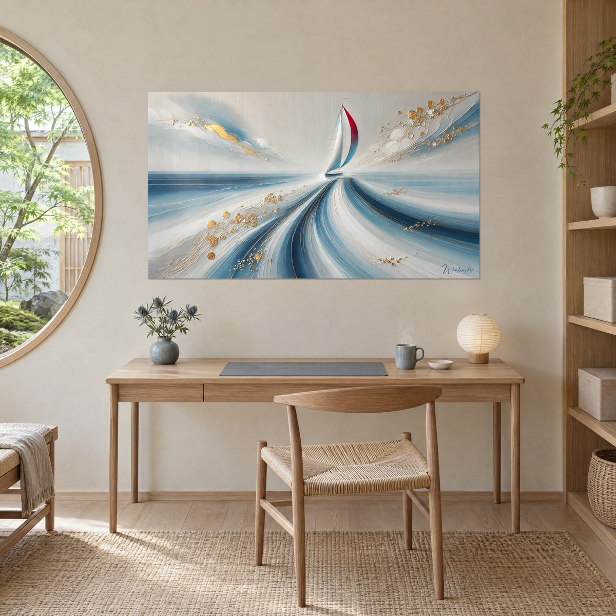 Quadro sloop su oceano blu navy e grigio perla, foglie d'oro sparse, appeso sopra una scrivania in legno chiaro
