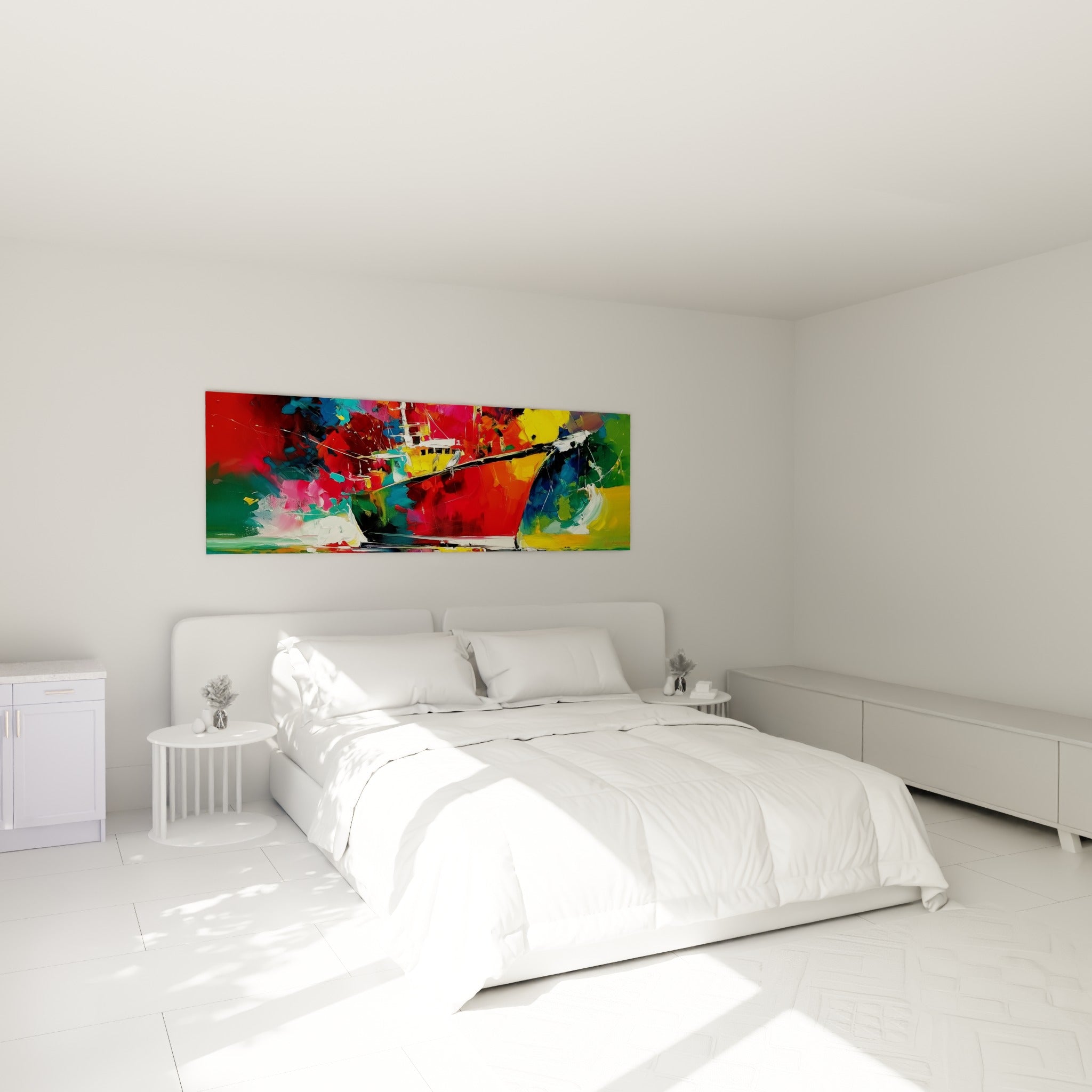 Coque rouge et cabine jaune du bateau abstrait, accrochée au-dessus d'un lit dans une chambre claire