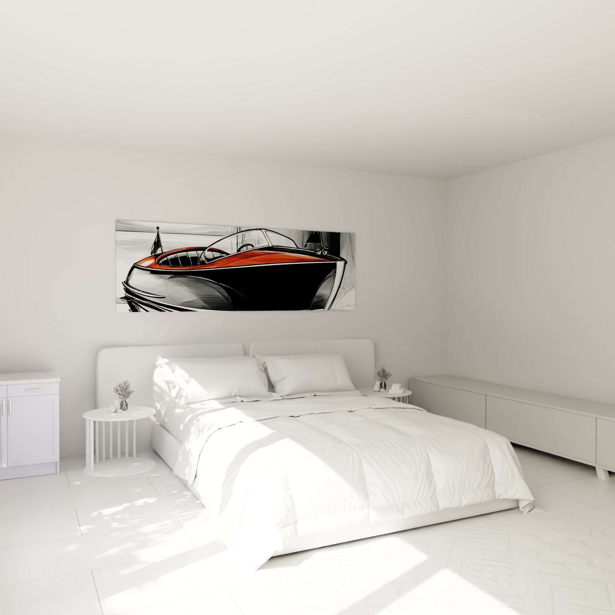 Canot de course noir et orangé glissant sur une mer grise, tableau bateau abstrait au-dessus d'un lit dans une chambre claire