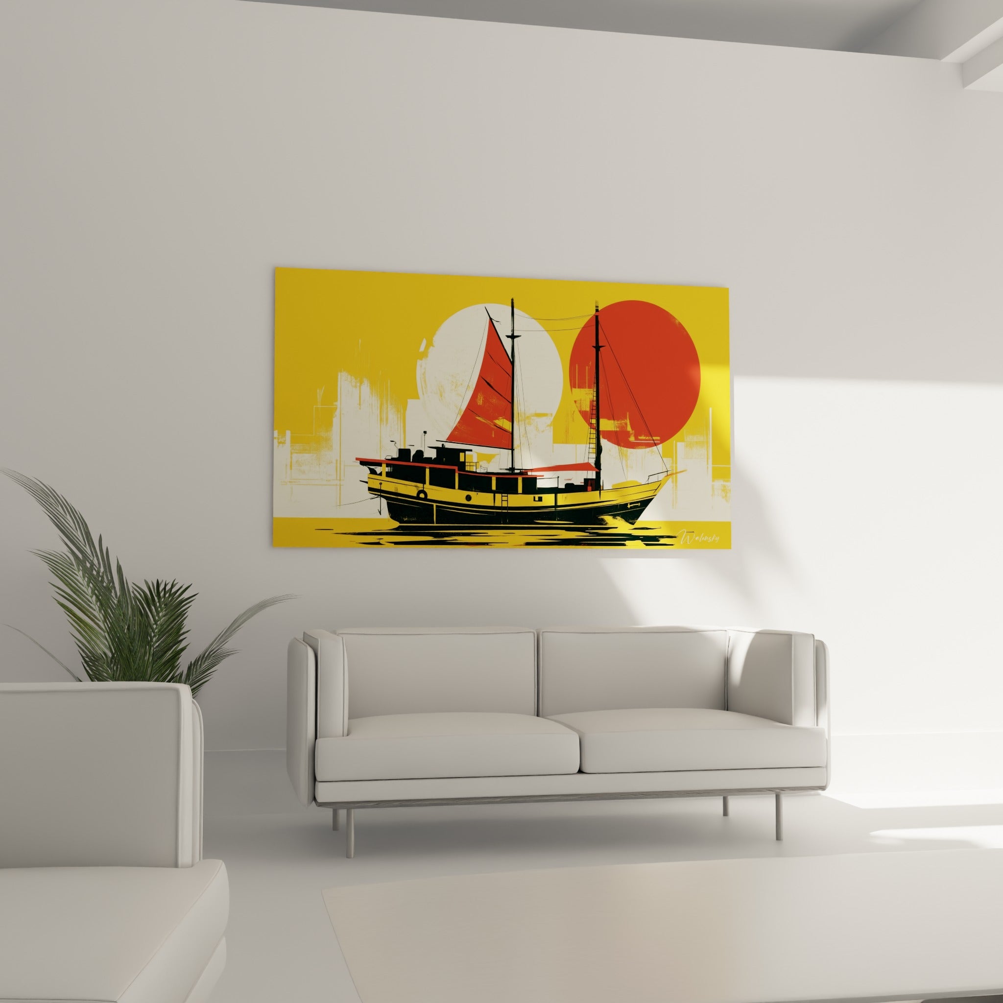 Navire graphique jaune et noir aux voiles écarlates, disposé au-dessus d'un canapé dans un salon lumineux