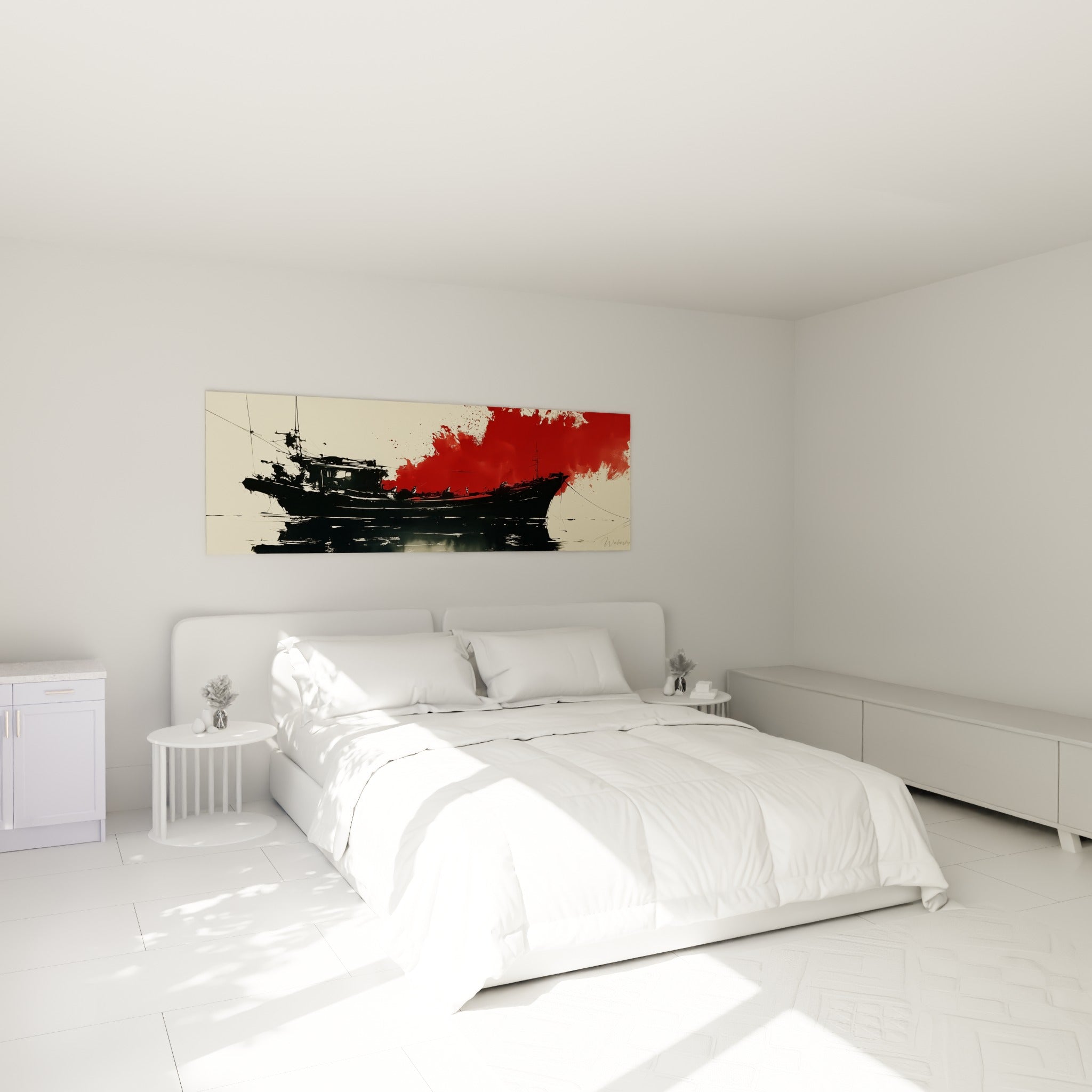 Silhouette de bateau noir et rouge écarlate accrochée au-dessus d'un lit dans une chambre claire