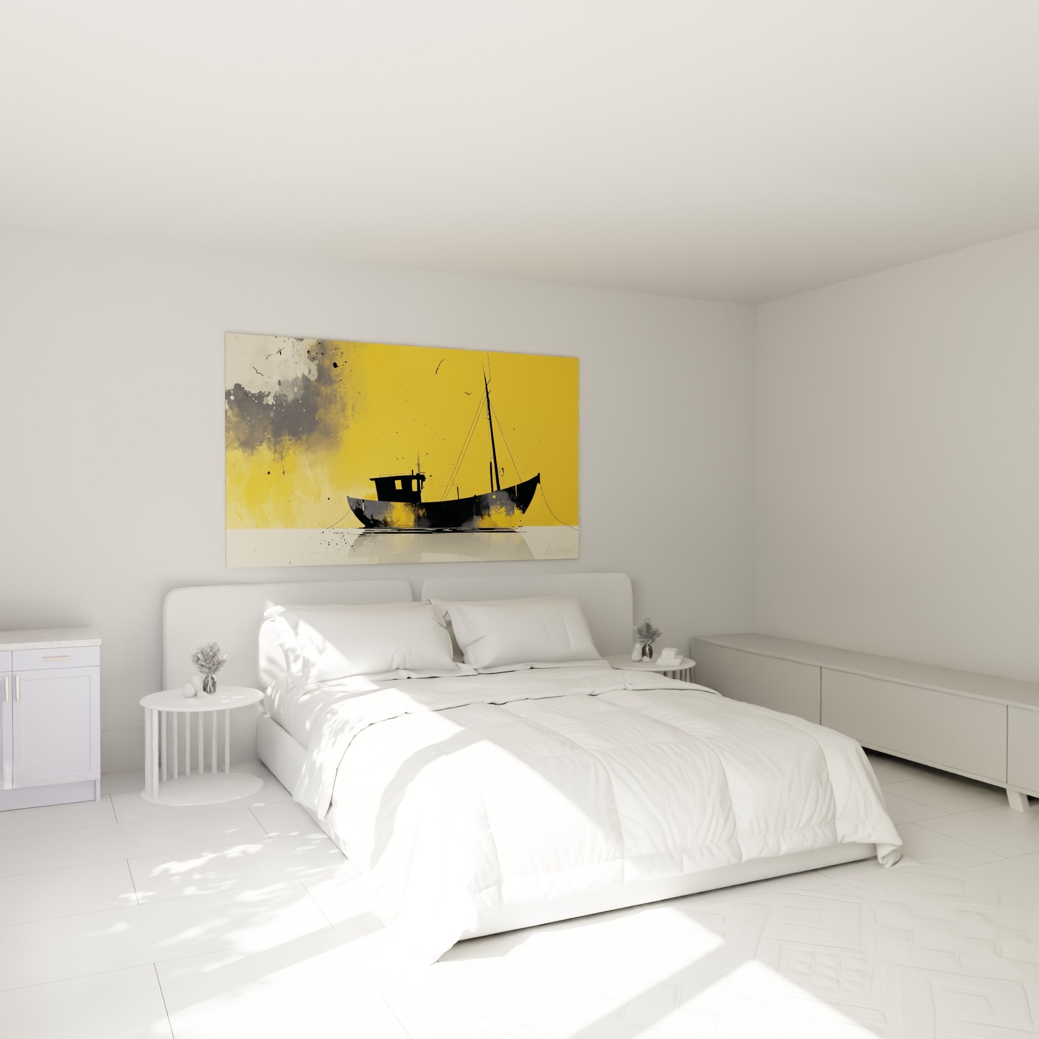 Chalutier noir et jaune moutarde du tableau Bateau abstrait au-dessus d'un lit dans une chambre claire