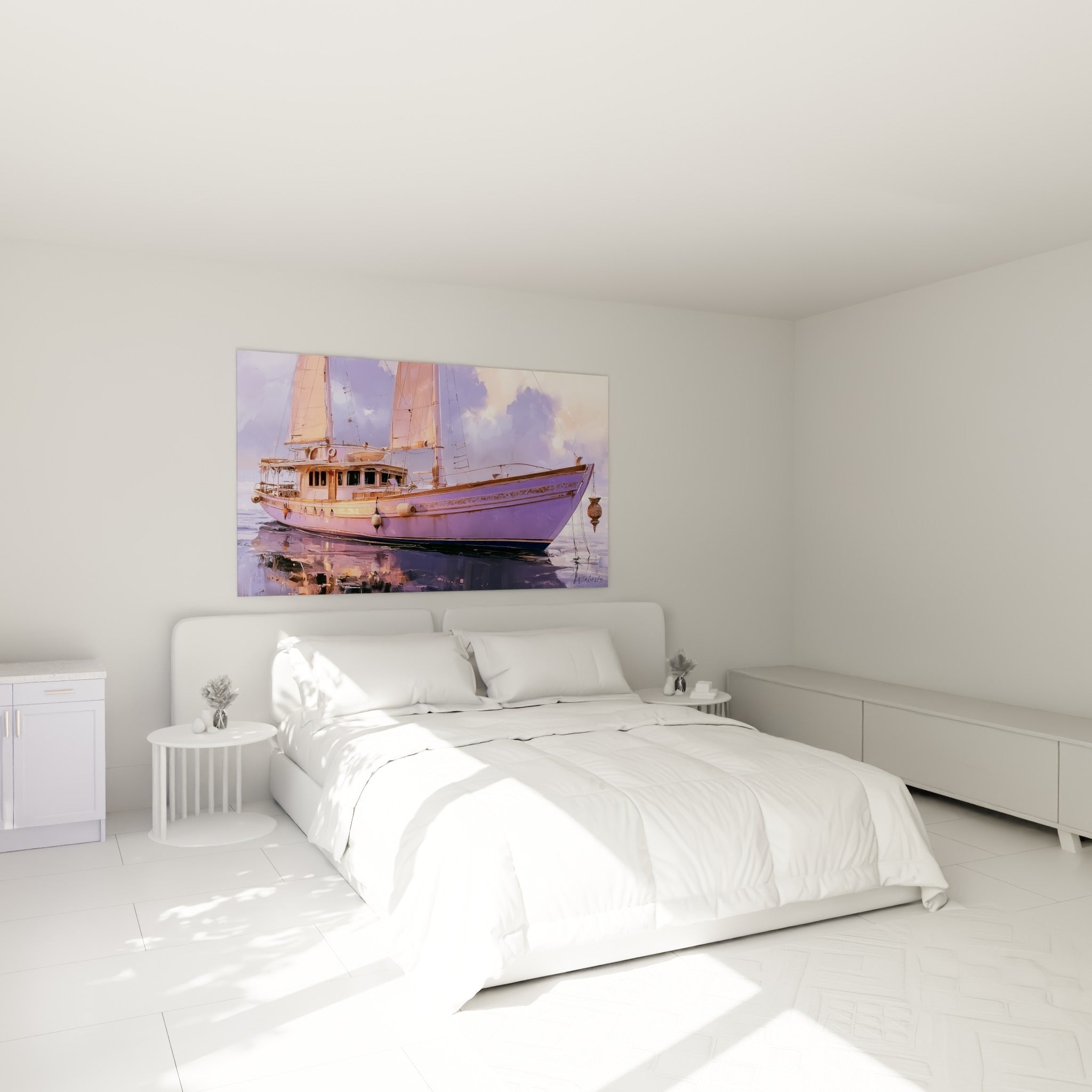 Voiles orangées et coque violette du tableau Bateau abstrait au-dessus d'un lit dans une chambre claire
