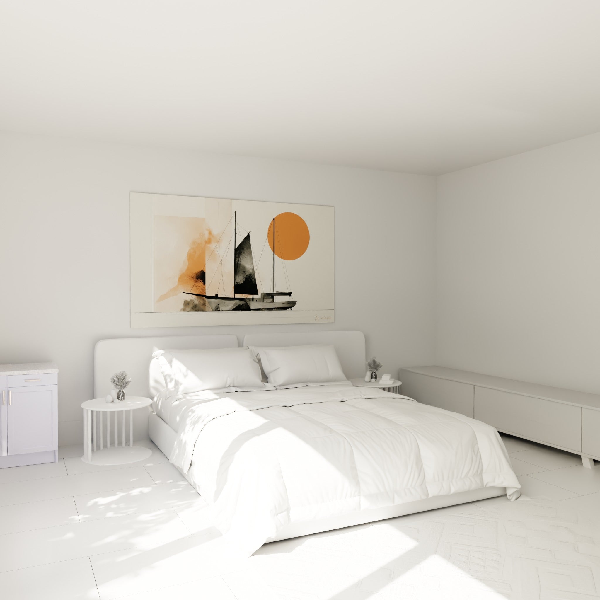 Bateau abstrait aux teintes noires et terracotta accroché au-dessus d'un lit dans une chambre claire