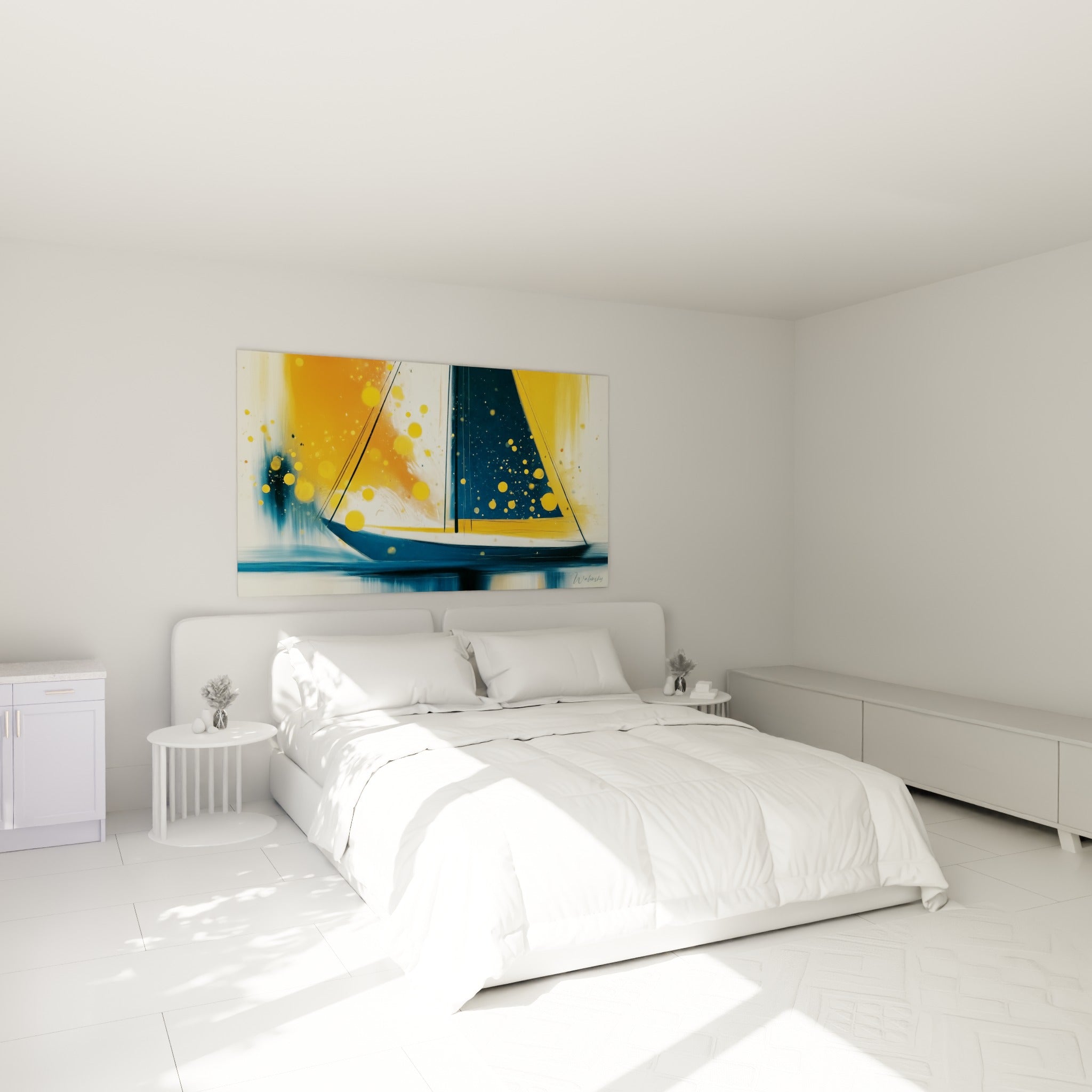 Bateau abstrait bleu marine et doré au-dessus d'un lit dans une chambre claire et épurée