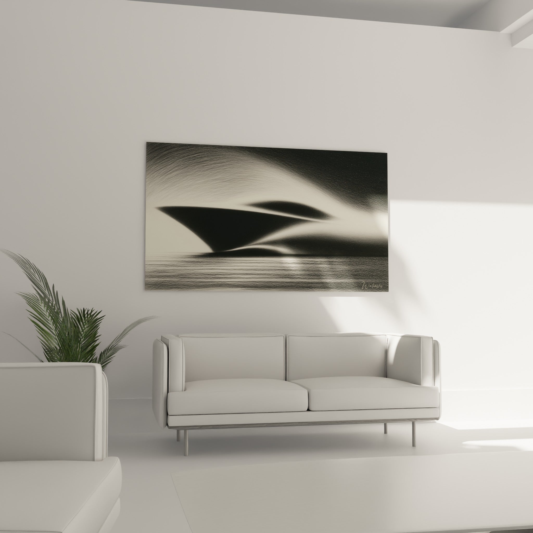 Bateau abstrait noir et gris flottant dans la brume, disposé au-dessus d'un canapé dans un salon lumineux