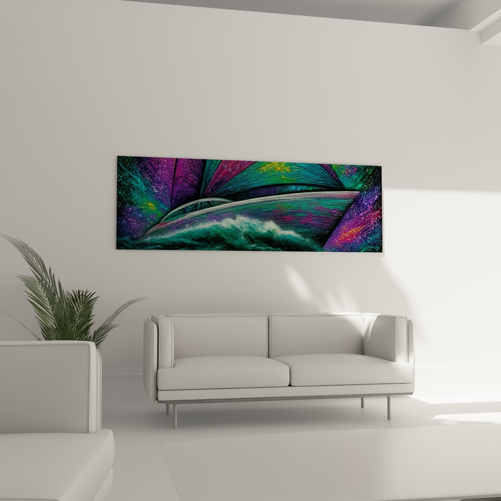 Coque argentée et vagues émeraude d'un bateau abstrait, au-dessus d'un canapé dans un salon lumineux
