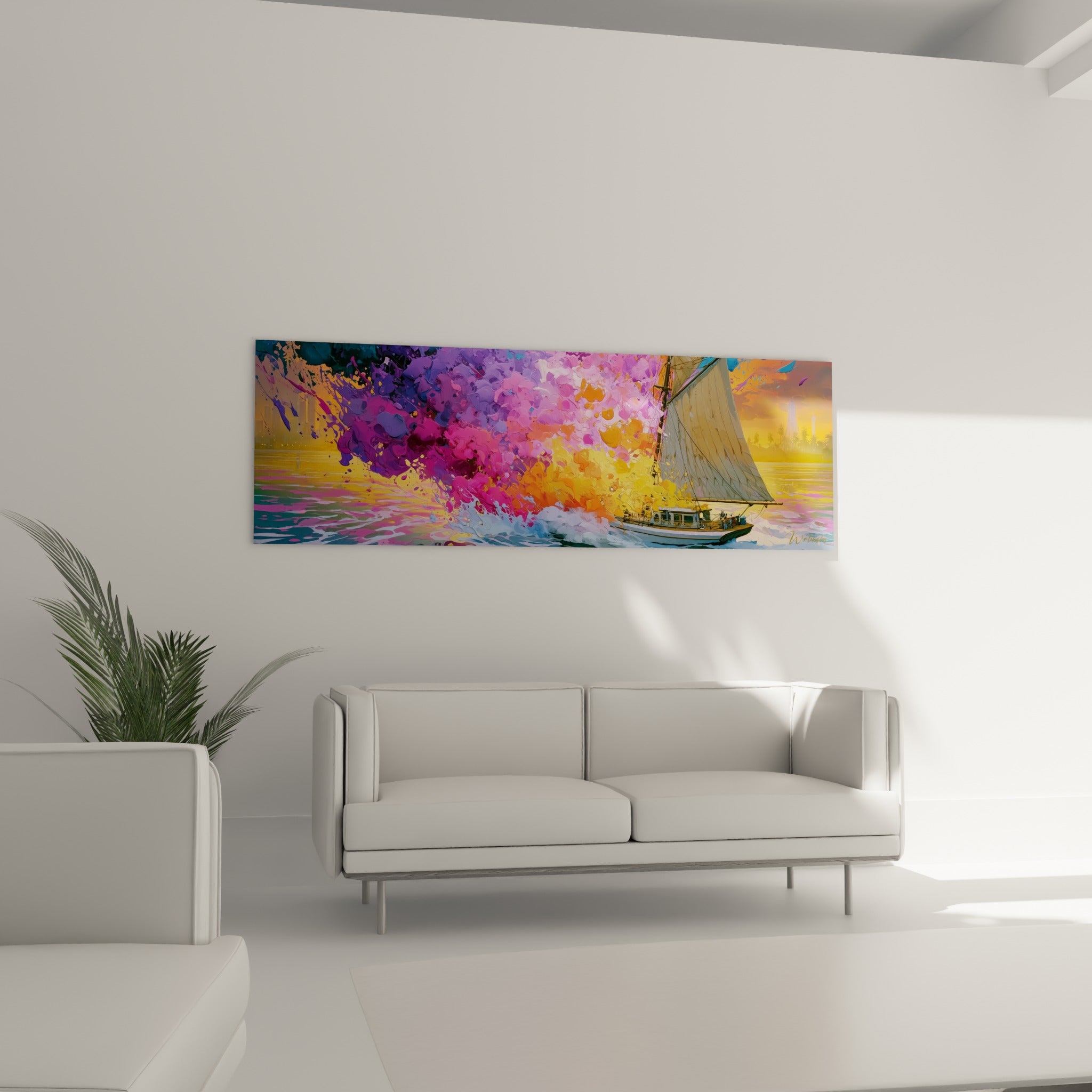 Coque blanche et vagues turquoise du tableau bateau abstrait, au-dessus d'un canapé dans un salon lumineux