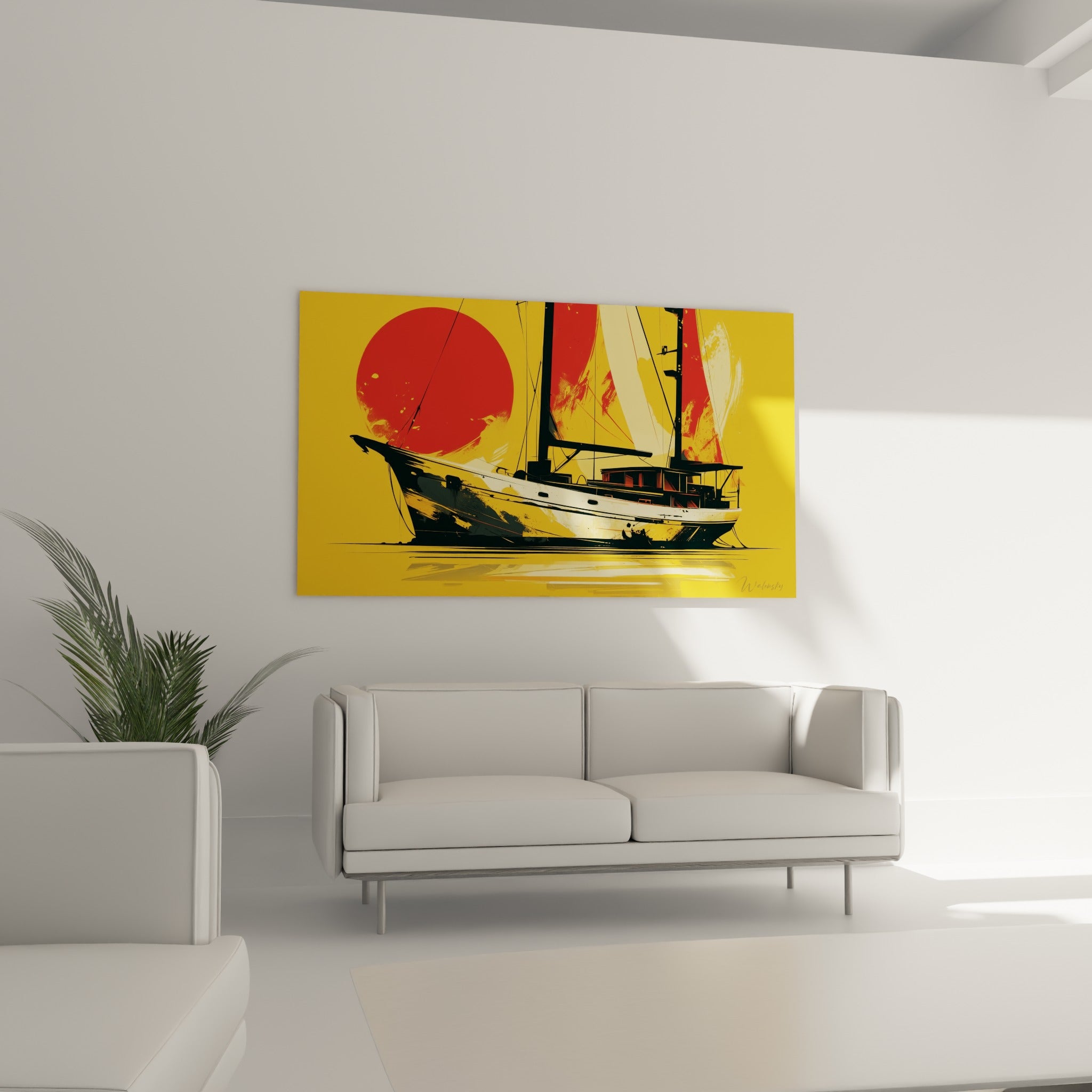 Coque blanche du voilier détachée sur fond jaune intense, tableau bateau abstrait au-dessus d'un canapé dans un salon lumineux