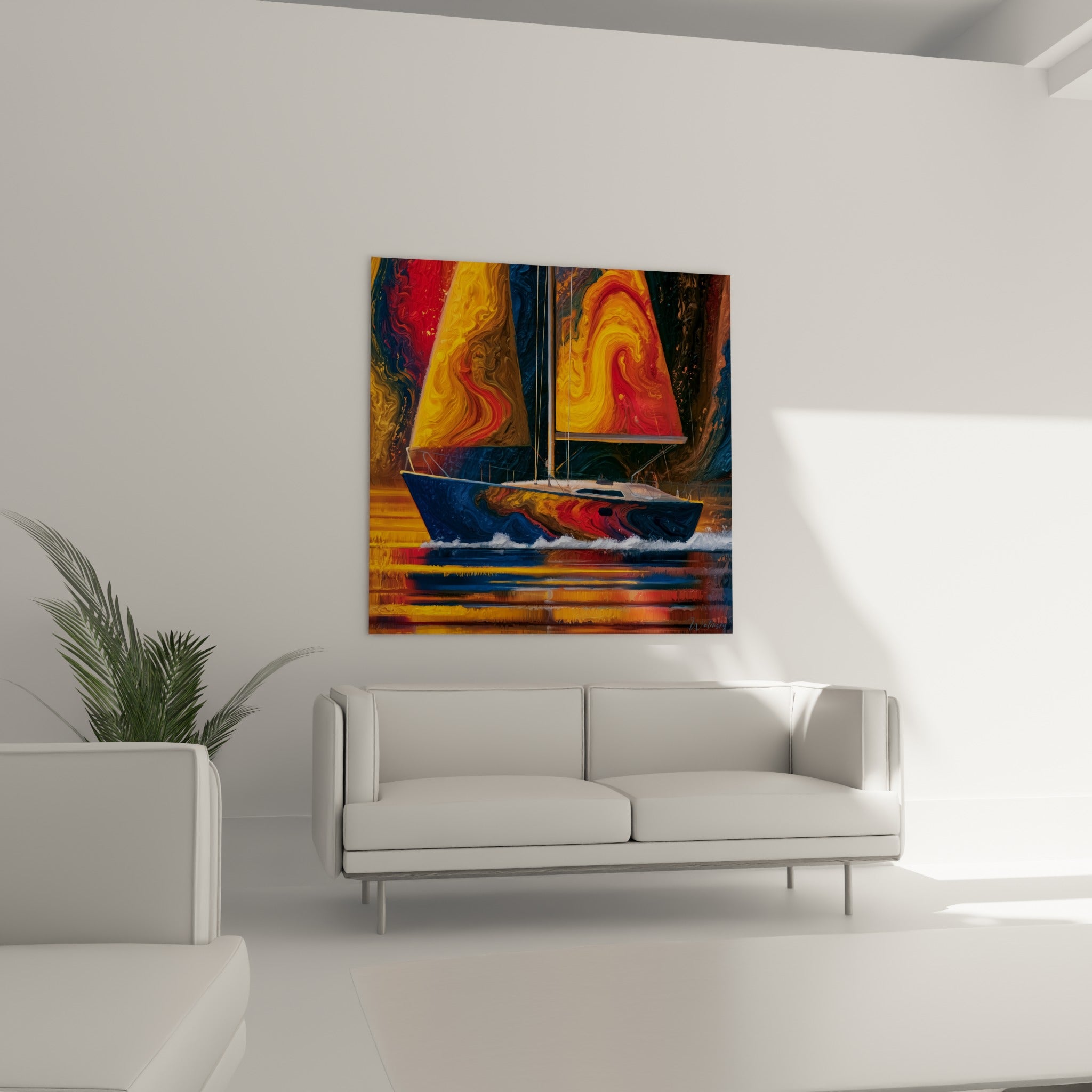 Bateau abstrait aux teintes fauve et bleu marine en mouvement, au-dessus d'un canapé dans un salon lumineux