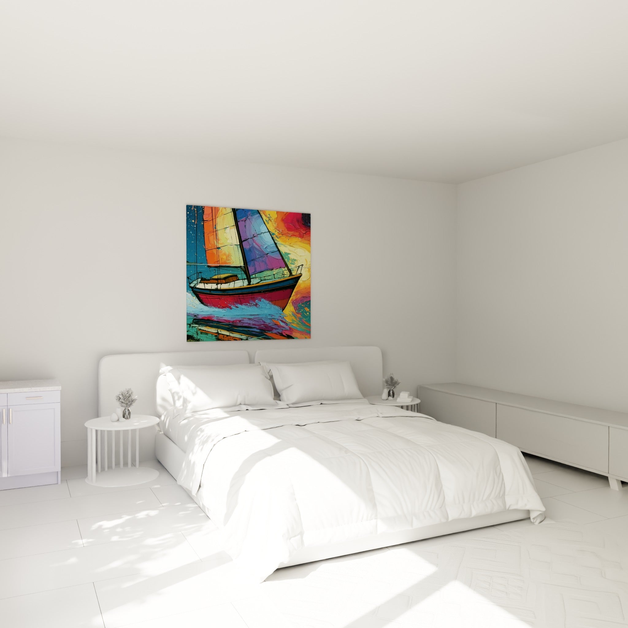 Coque écarlate et voiles violettes d'un bateau abstrait au-dessus d'un lit dans une chambre claire