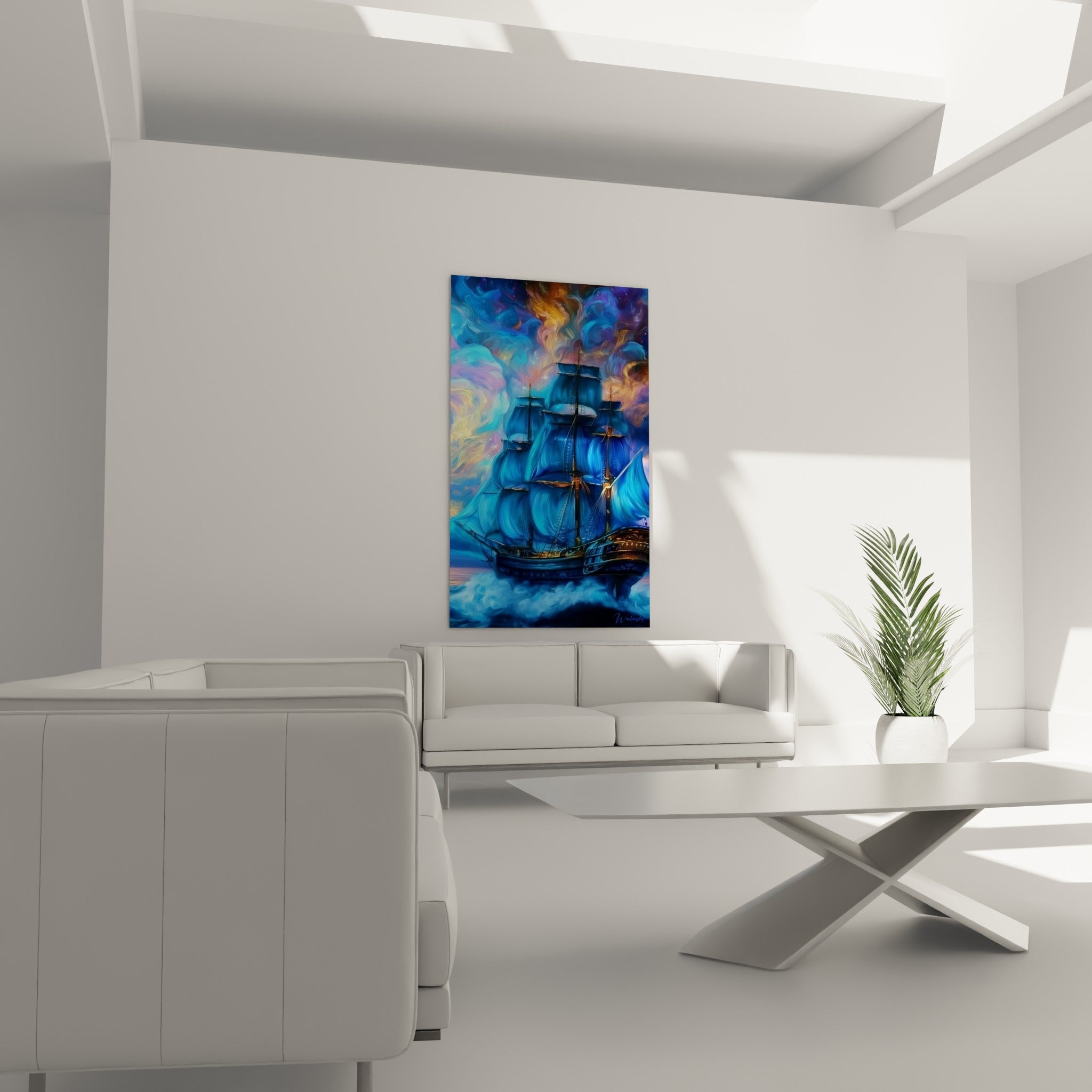 Grand voilier sombre entouré d'écume blanche et de lumières orangées, au-dessus d'un canapé dans un salon lumineux