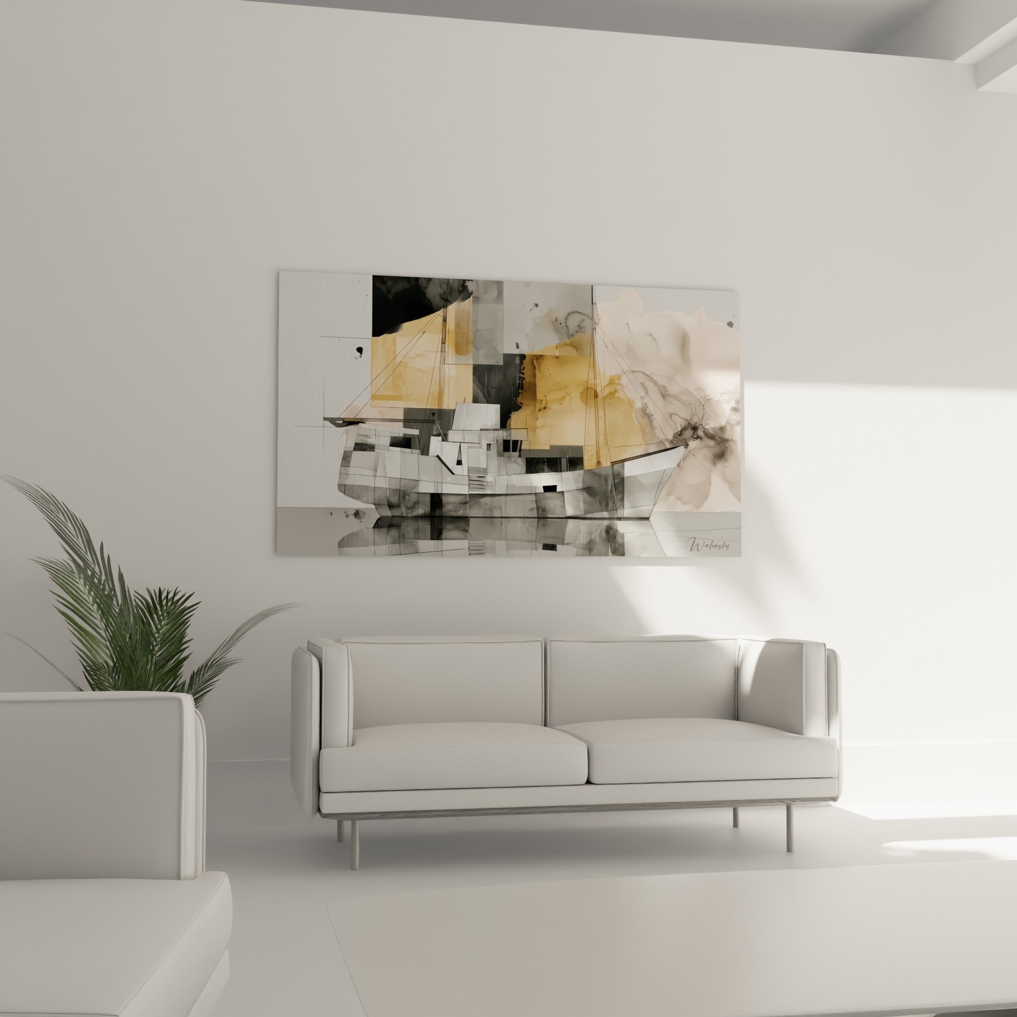 Navire graphique gris et doré aux mâts fins, disposé au-dessus d'un canapé dans un salon lumineux
