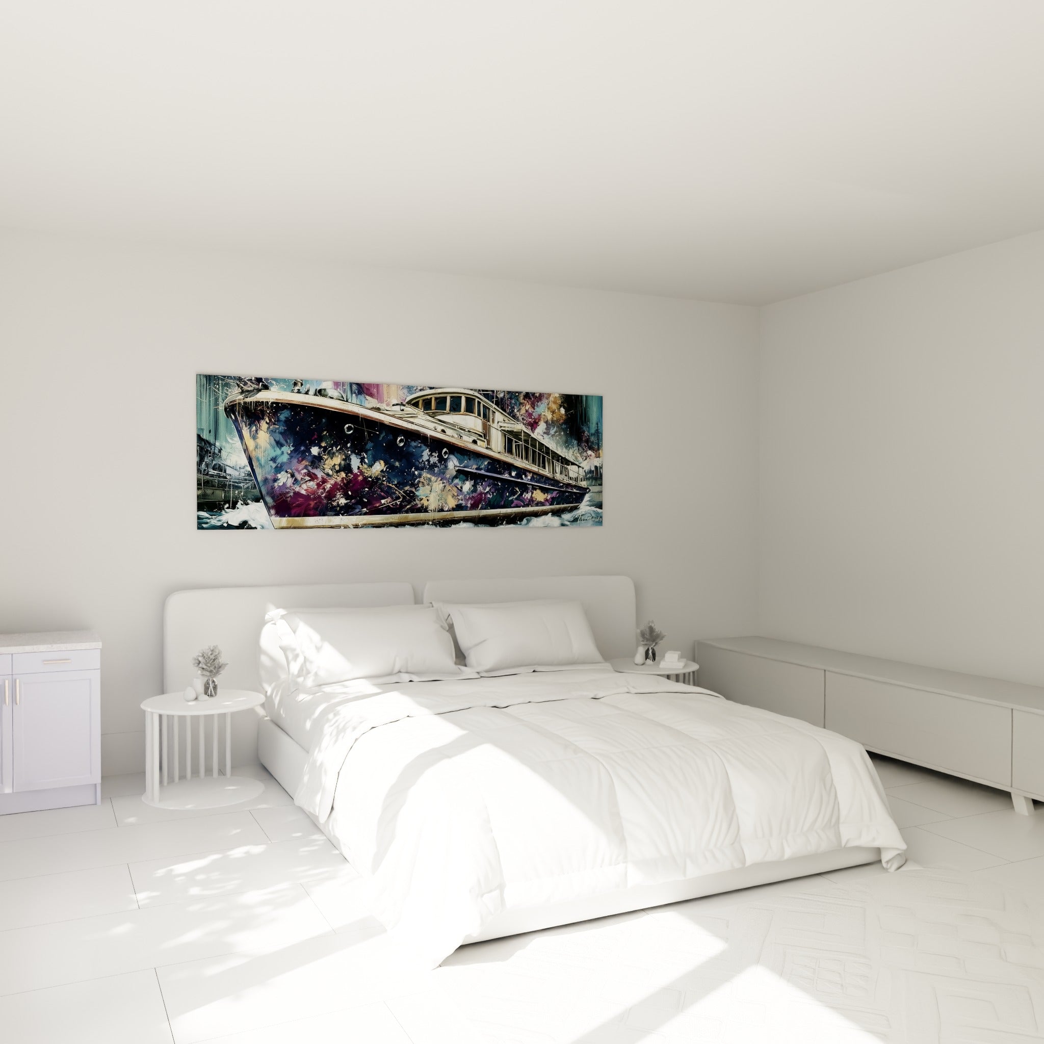 Coque bleu marine et pourpre du tableau bateau abstrait accrochée au-dessus d'un lit dans une chambre claire