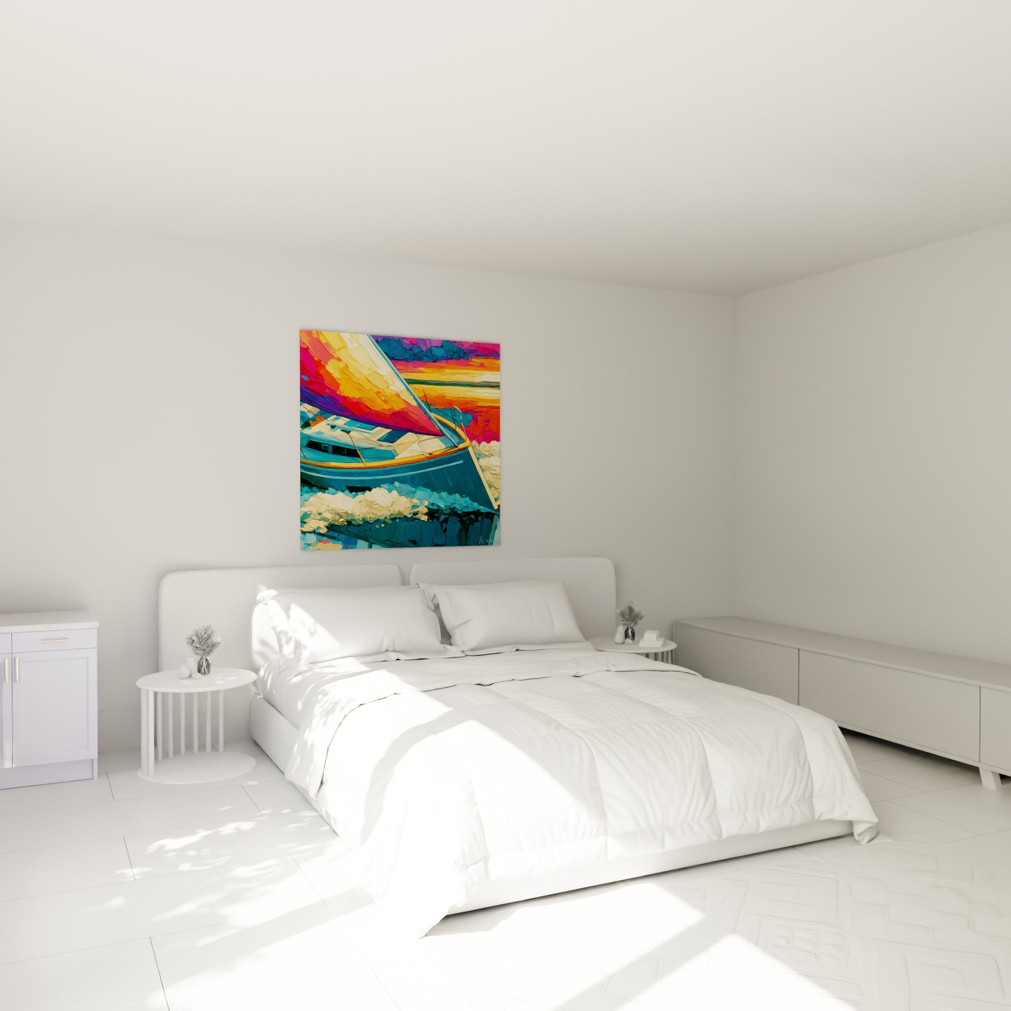 Voilier turquoise et doré, voile embrasée de rose fuchsia, bateau abstrait au-dessus d'un lit dans une chambre claire
