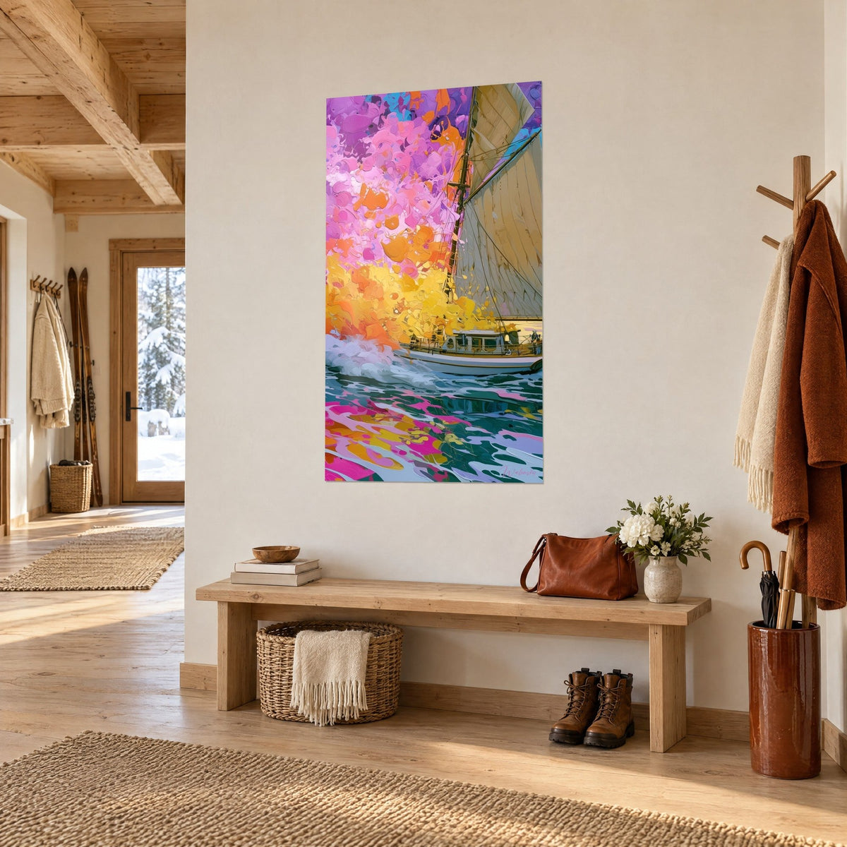Tableau goélette aux voiles écrues, nuée de pétales orange et violets, vue de trois quarts dans l'entrée d'un chalet