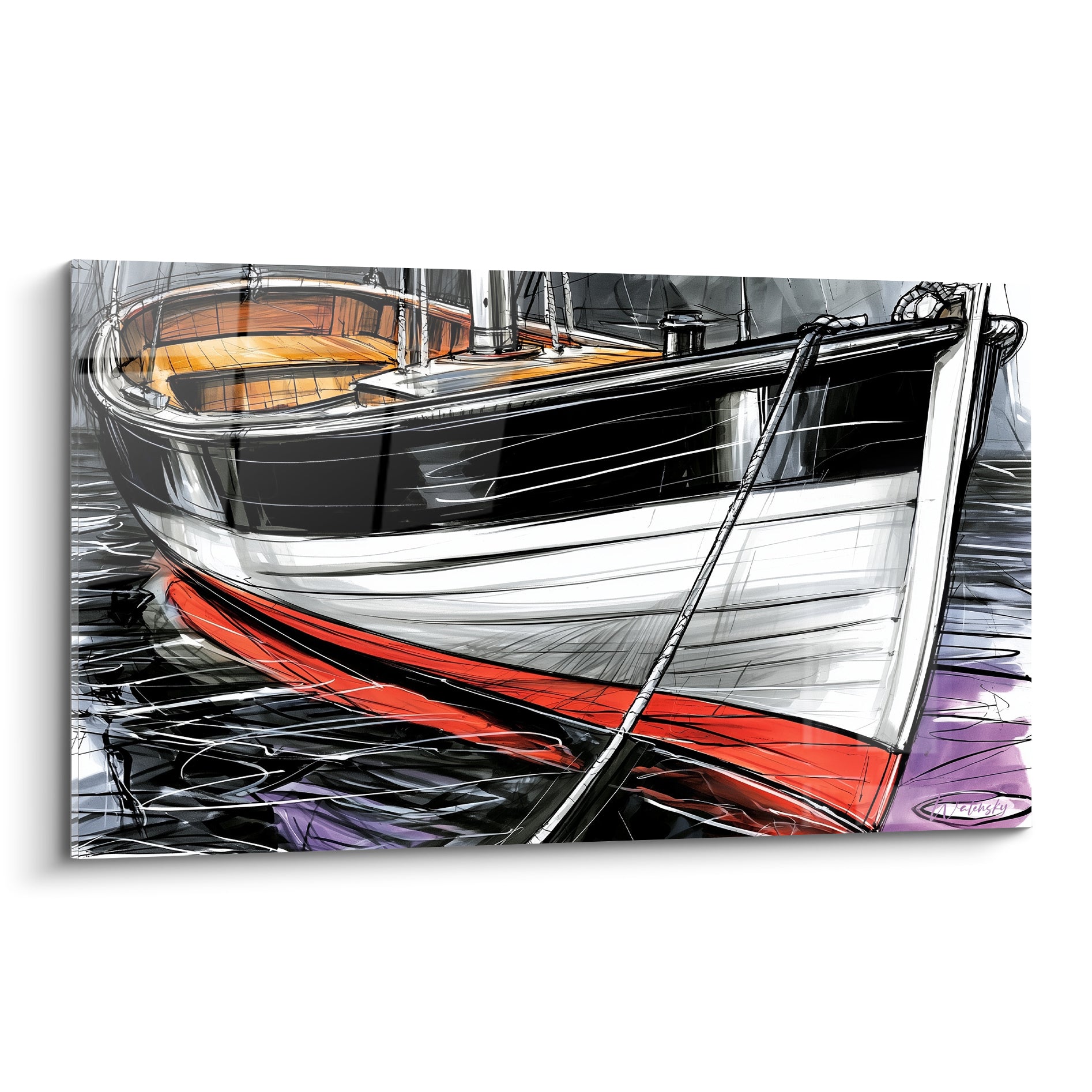 Barque amarrée aux tons noir, blanc et rouge, coque massive et amarre tendue