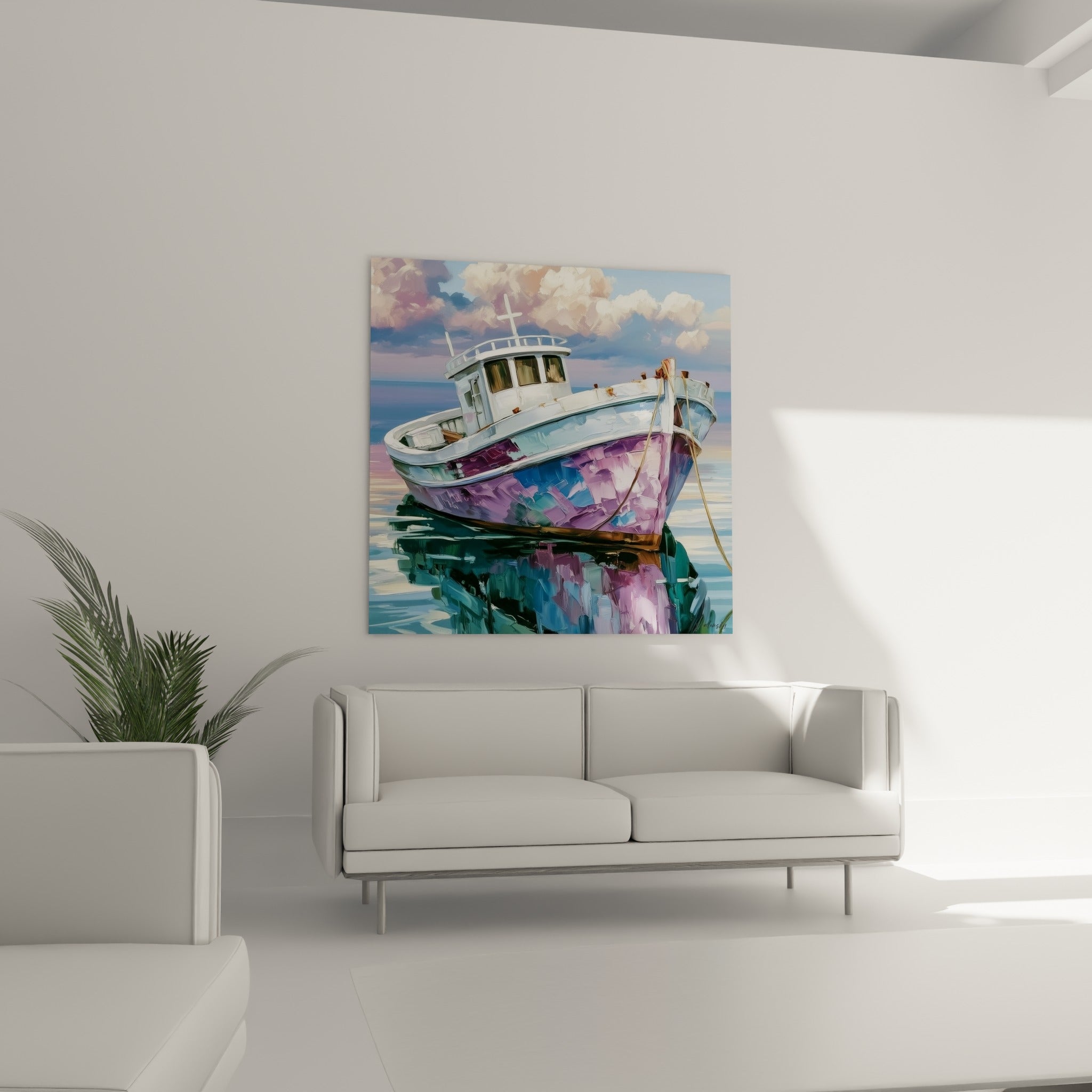 Coque mauve et bleue d'un bateau de pêche placée au-dessus d'un canapé dans un salon lumineux